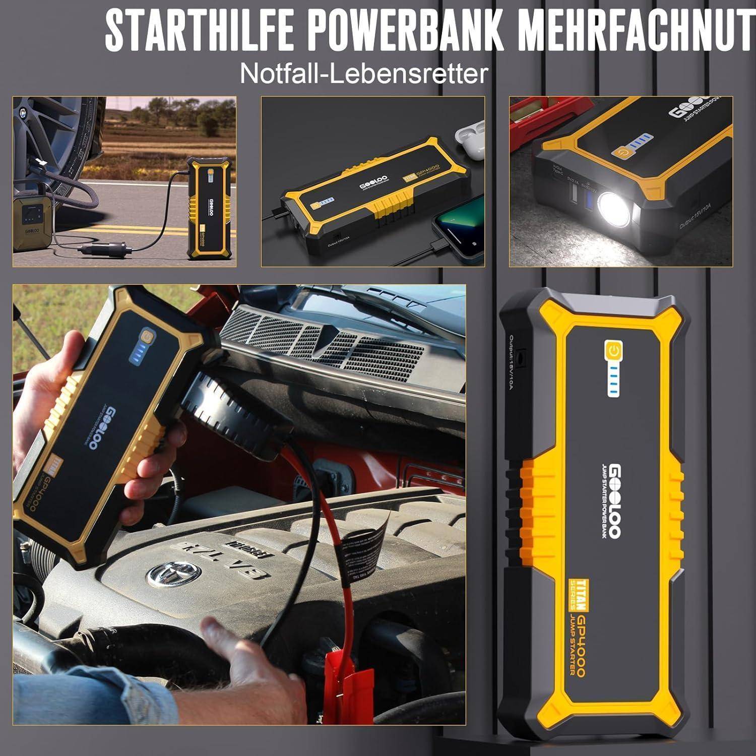 GOOLOO GP4000 Starthilfe Powerbank, 4000A Auto Starthilfe 12V (Alle Benzin und Bis Zu 10L-Diesel) Supersafe Powerbank Starthilfe mit LED, Tragbare