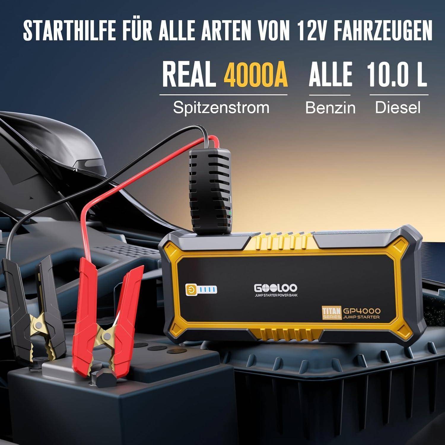 GOOLOO GP4000 Starthilfe Powerbank, 4000A Auto Starthilfe 12V (Alle Benzin und Bis Zu 10L-Diesel) Supersafe Powerbank Starthilfe mit LED, Tragbare