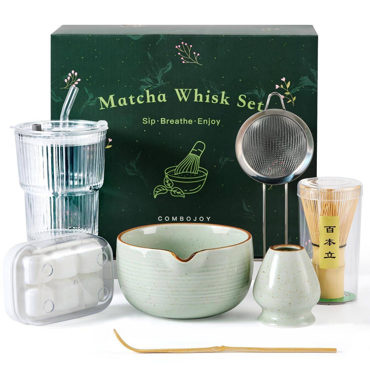 ComboJoy Matcha-Besen-Set, komplettes Matcha-Set mit Schale, Bambusbesen und Halter, Löffel, Sieb, Glas mit Deckel und Strohhalm, Eiswürfelform –