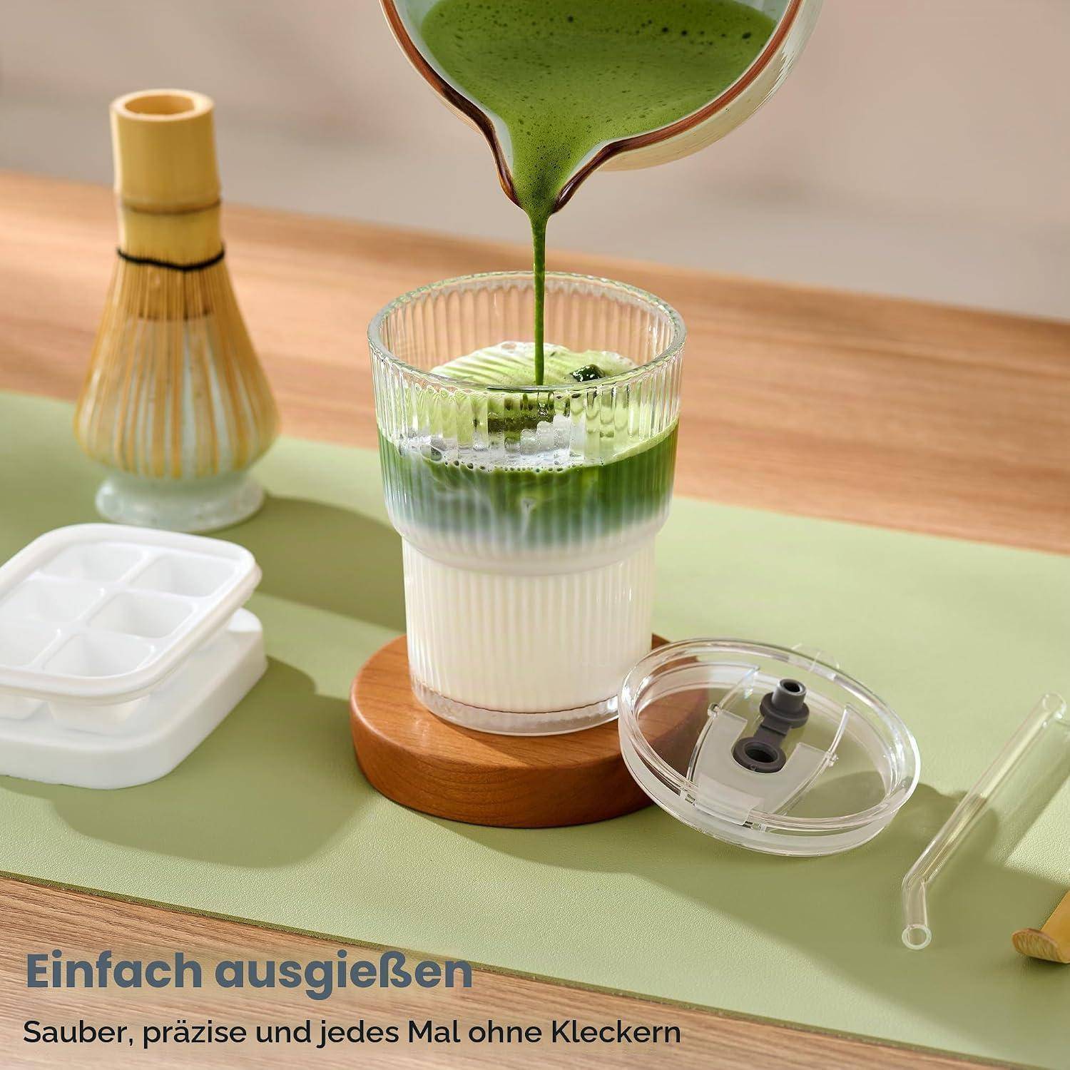 ComboJoy Matcha-Besen-Set, komplettes Matcha-Set mit Schale, Bambusbesen und Halter, Löffel, Sieb, Glas mit Deckel und Strohhalm, Eiswürfelform –