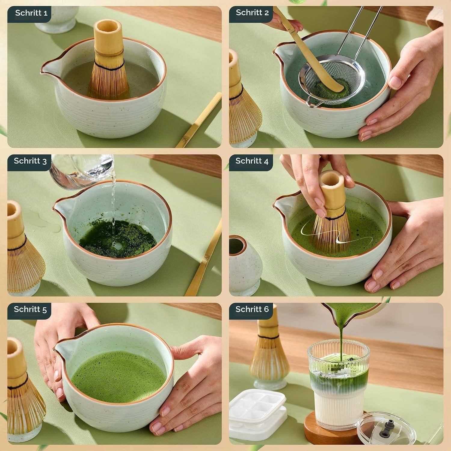 ComboJoy Matcha-Besen-Set, komplettes Matcha-Set mit Schale, Bambusbesen und Halter, Löffel, Sieb, Glas mit Deckel und Strohhalm, Eiswürfelform –