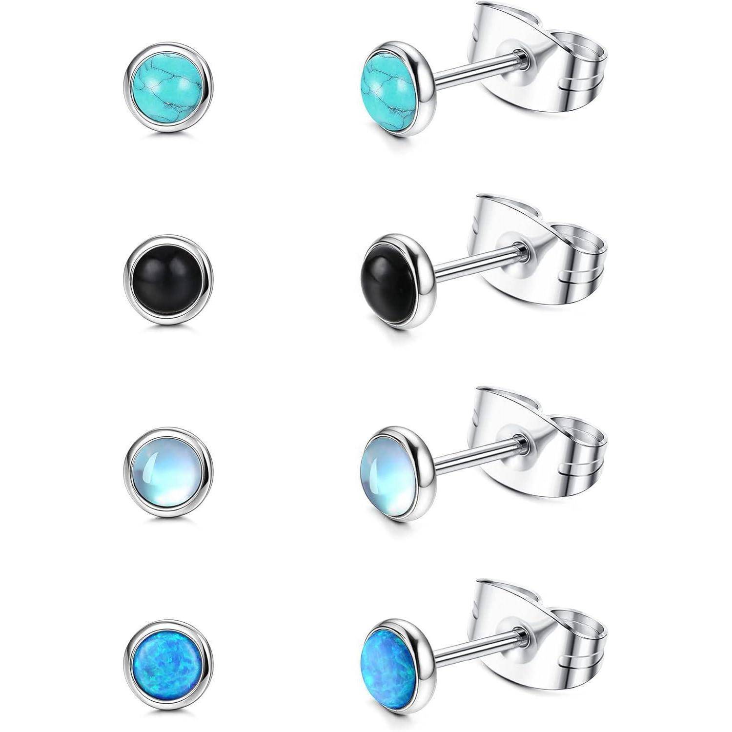 JeweBella 4 Paare Mondstein Opal Türkis Kleine Ohrstecker Set Chirurgenstahl für Damen Mädchen Kinder Hypoallergene Runde Edelstein Ohrstecker Blau