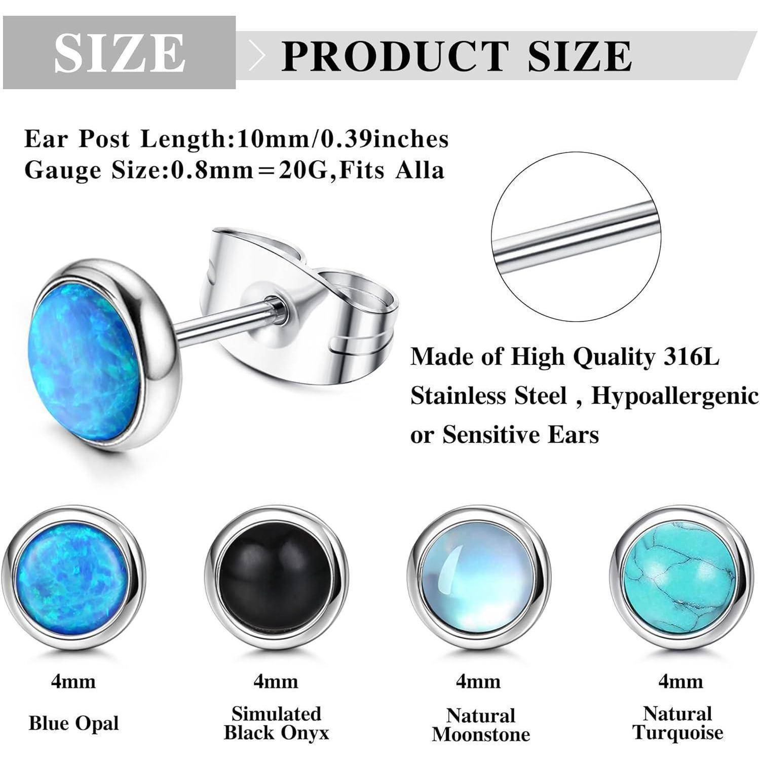 JeweBella 4 Paare Mondstein Opal Türkis Kleine Ohrstecker Set Chirurgenstahl für Damen Mädchen Kinder Hypoallergene Runde Edelstein Ohrstecker Blau