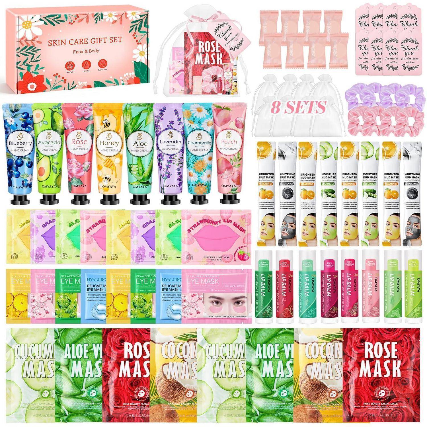 Collage aus farbenfrohen Hautpflegeset-Verpackungen: Gesichts- und Augenmask, Handcremes, Lipglosse, Rosenmask-Päckchen und eine Anzeigetasche 