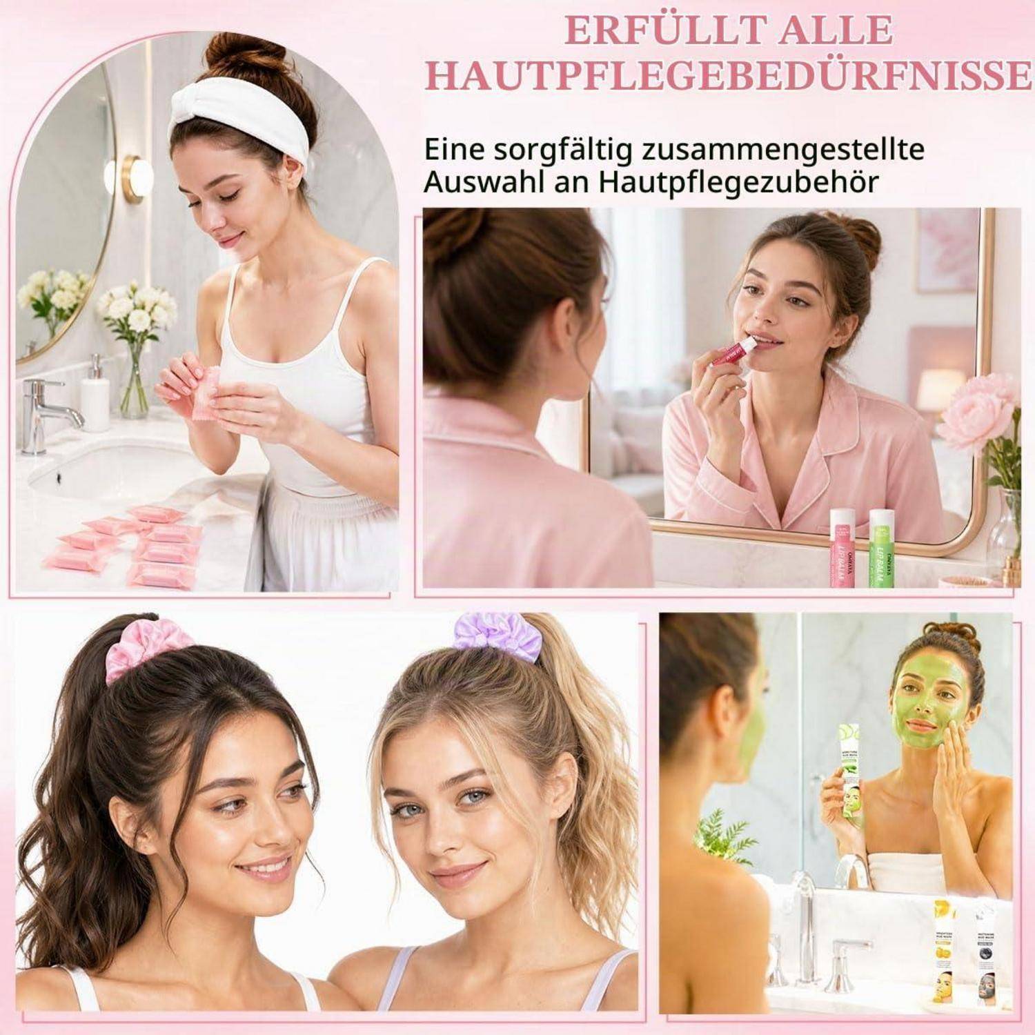 Promotional-Collage von Frauen, die Hautpflegeprodukte verwenden, mit deutschem Text „Erfüllt alle Hautpflegebedürfnisse