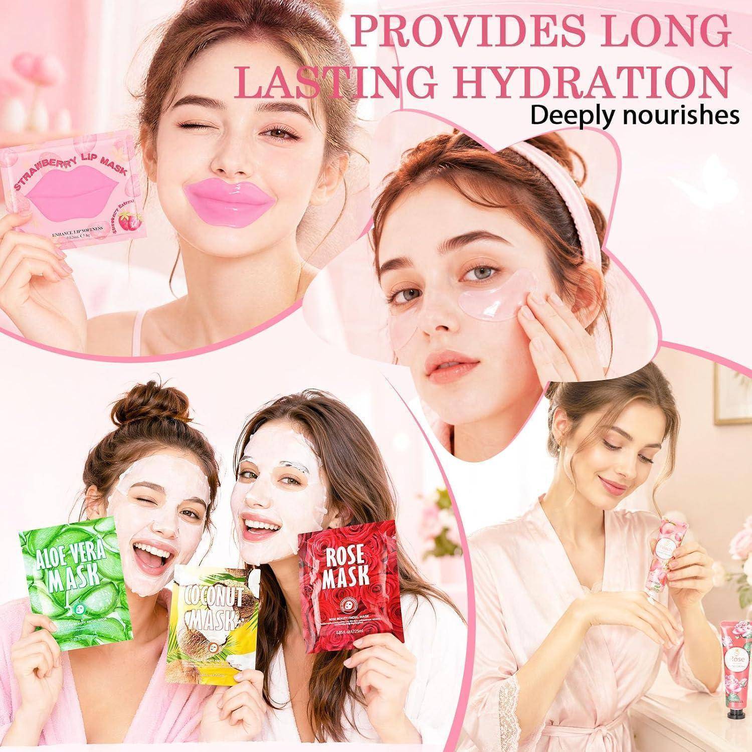 Werbekollage von Frauen, die rosa Lippen- und Gesichtsmasken verwenden, mit Produktpackungen, mit dem Text „BIETET LANGANHALTENDE FEUCHTIGKEITSZUFUHR
