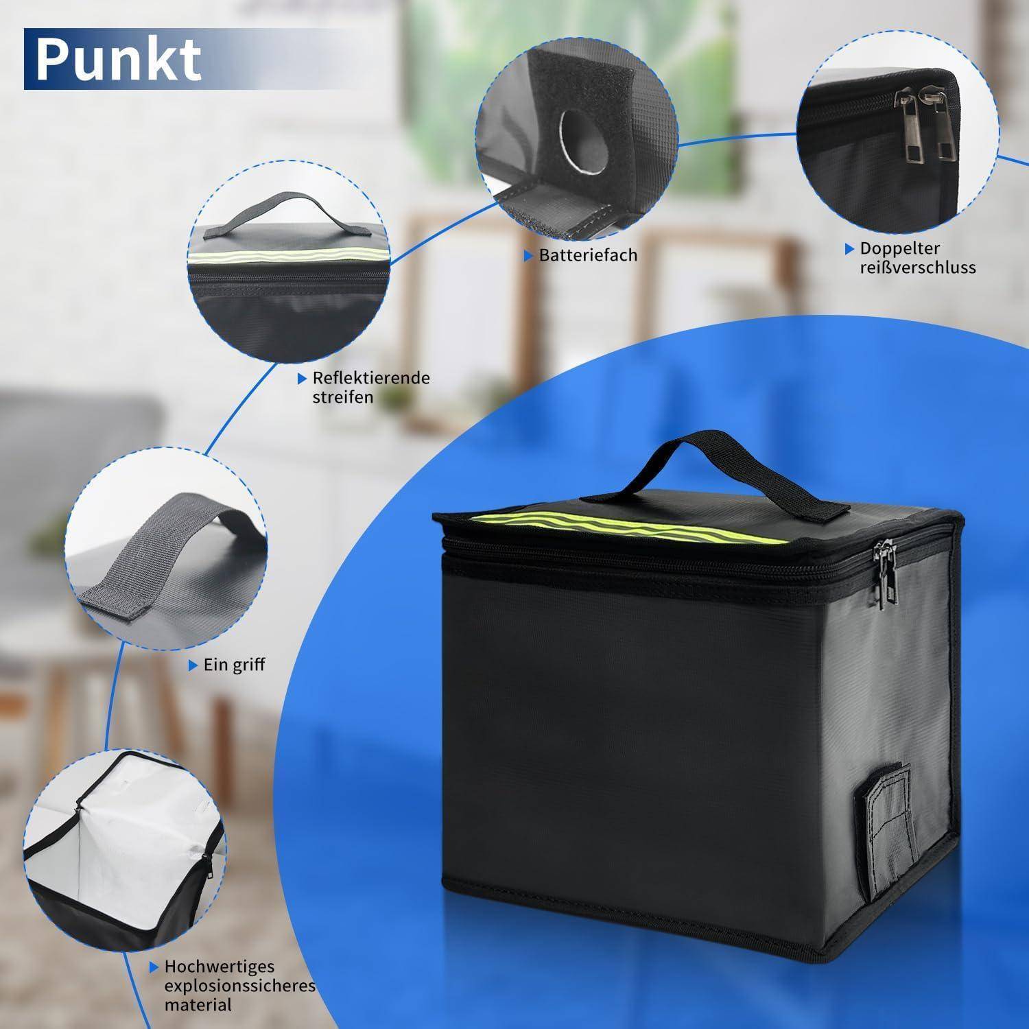 Isolierte schwarze Liefertasche mit Merkmalsbeschriftungen für Reflektorstreifen, Griff, Batteriefach, Doppelreißverschluss und hochfestes, verschüttungsfestes Material.