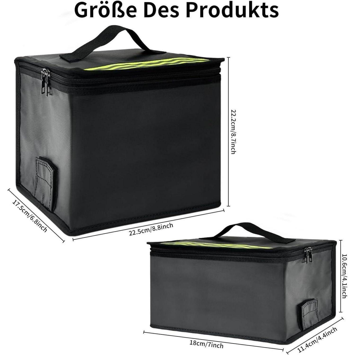 Produktgrößendiagramm einer schwarzen isolierten Aufbewahrungstasche mit der Bezeichnung „Größe Des Produkts", das zwei Größenansichten mit den Abmessungen zeigt: 22,5 x 17,5 x 22,2 cm und 18 x 11,4 x 10,6 cm.