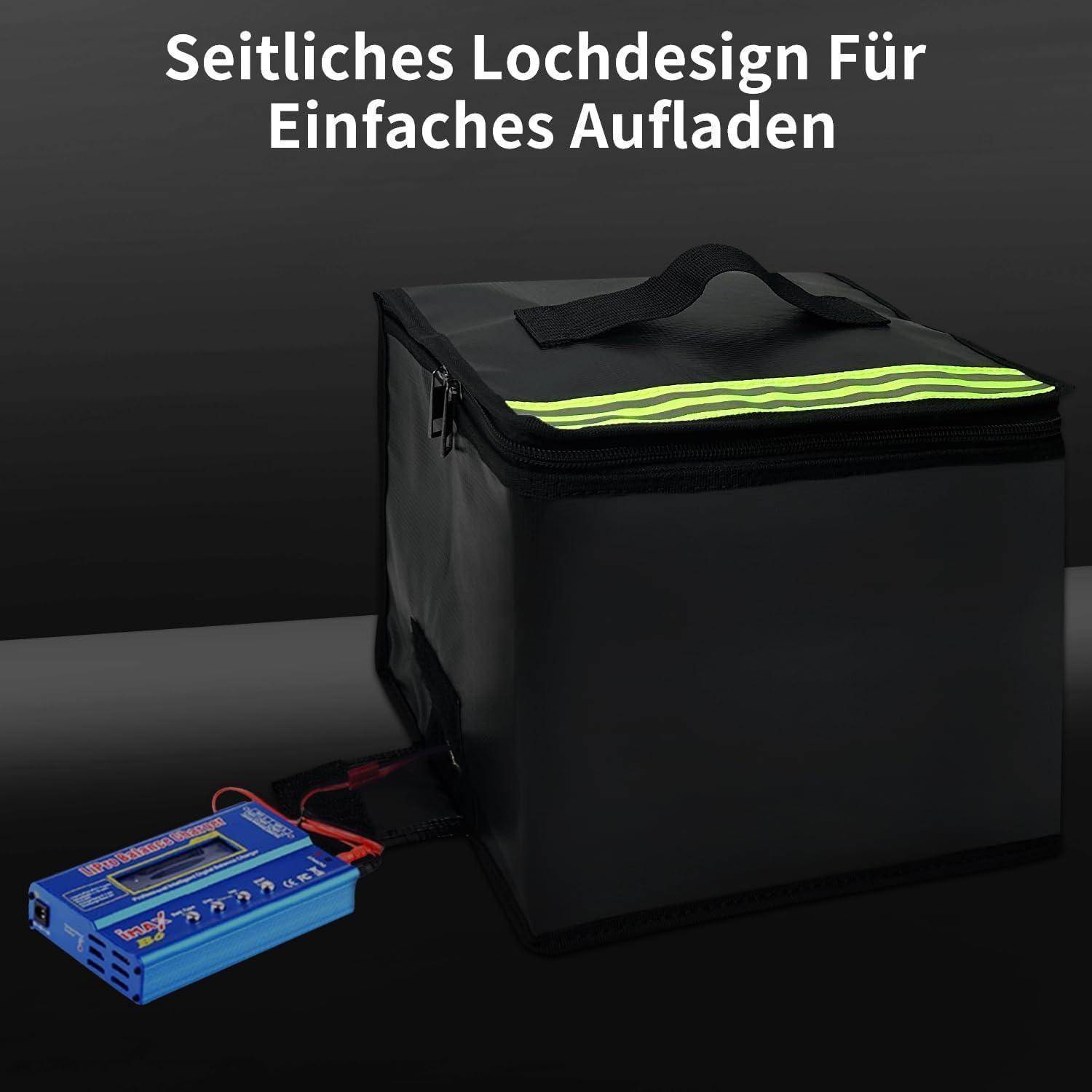 Schwarze isolierte Liefertasche mit seitlichem Ladeanschluss, verbunden mit einem blauen Ladegerät; deutscher Text sagt "Seitliches Laden für einfaches Aufladen"".