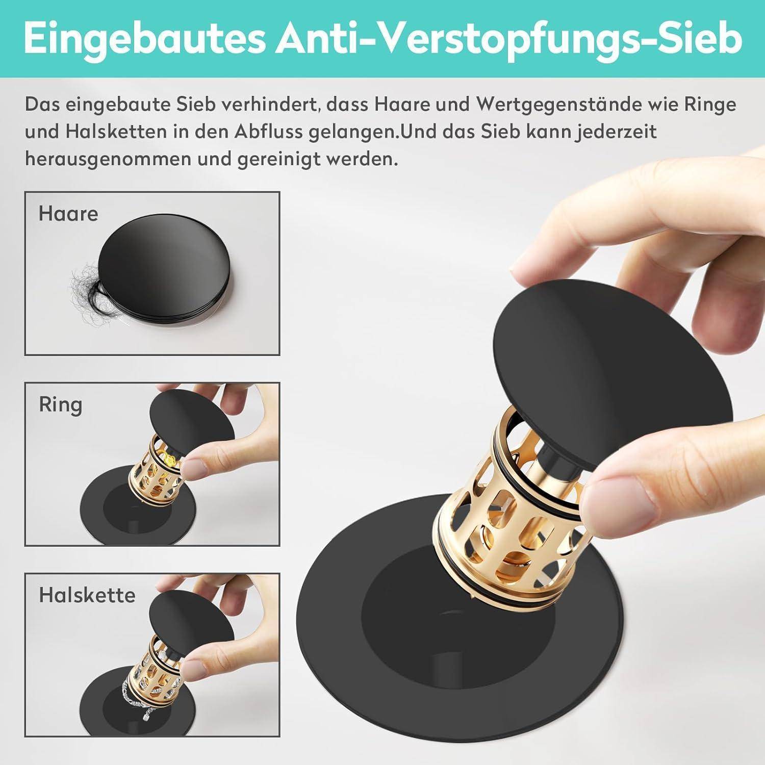 Diagramm eines Abflusssieb-Verstopfungsschutzes für Spülbecken, das Haare, Ringe und Halsketten blockiert und zur Reinigung entfernt werden kann.