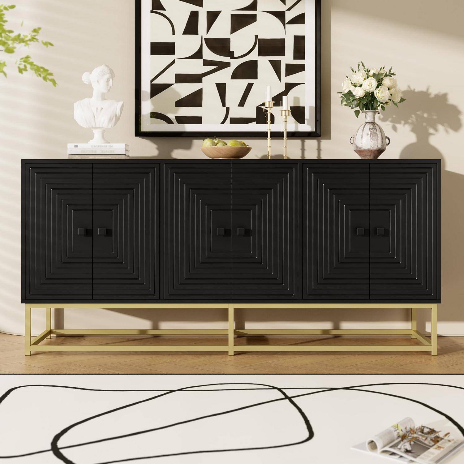 Sideboard-Schrank mit Großer Stauraum und 3 Doppeltüren, Wohnzimmerschränke mit Goldene Tischbeine, Aufbewahrungsschrank für Wohnzimmer, Esszimmer