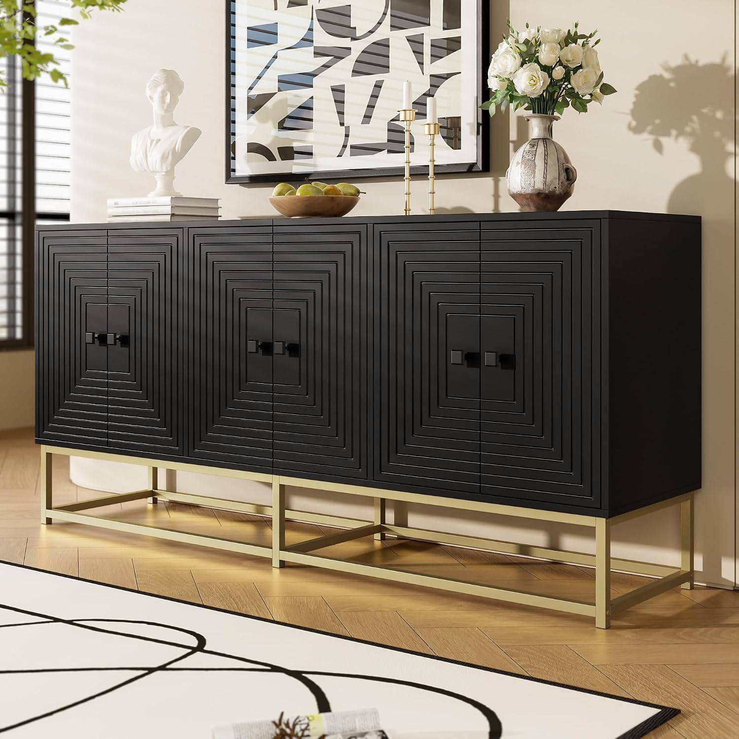 Sideboard-Schrank mit Großer Stauraum und 3 Doppeltüren, Wohnzimmerschränke mit Goldene Tischbeine, Aufbewahrungsschrank für Wohnzimmer, Esszimmer