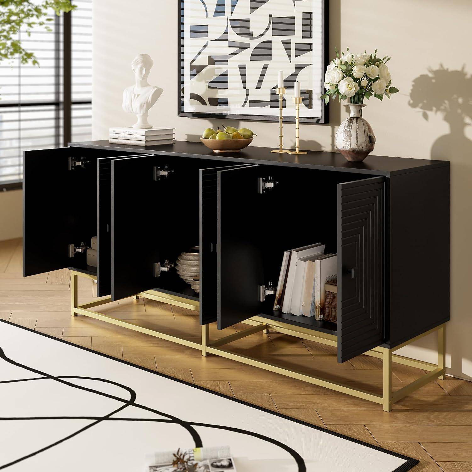Sideboard-Schrank mit Großer Stauraum und 3 Doppeltüren, Wohnzimmerschränke mit Goldene Tischbeine, Aufbewahrungsschrank für Wohnzimmer, Esszimmer