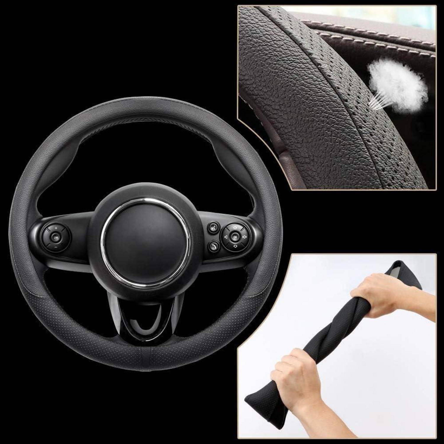 Schwarzer Lenkradbezug mit strukturierter Lederoptik, montiert auf einem Autolenkrad und wird von Hand gedehnt; Ausschnitt zeigt Nähte und Grifftextur.