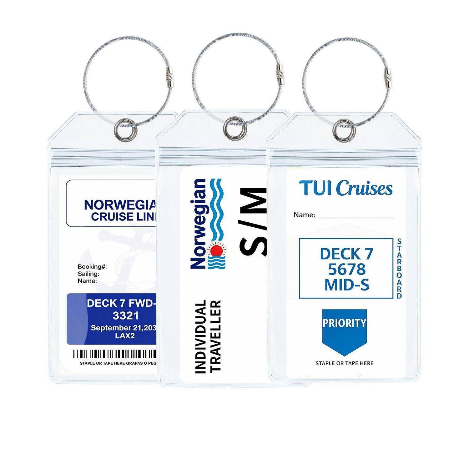 Drei Kreuzfahrt-Gepäckanhänger mit Ringclips, die Norwegian Cruise Line und TUI Cruises Branding, Deck- und Kabinendaten sowie Vorrangeinsteige-Etiketten zeigen.