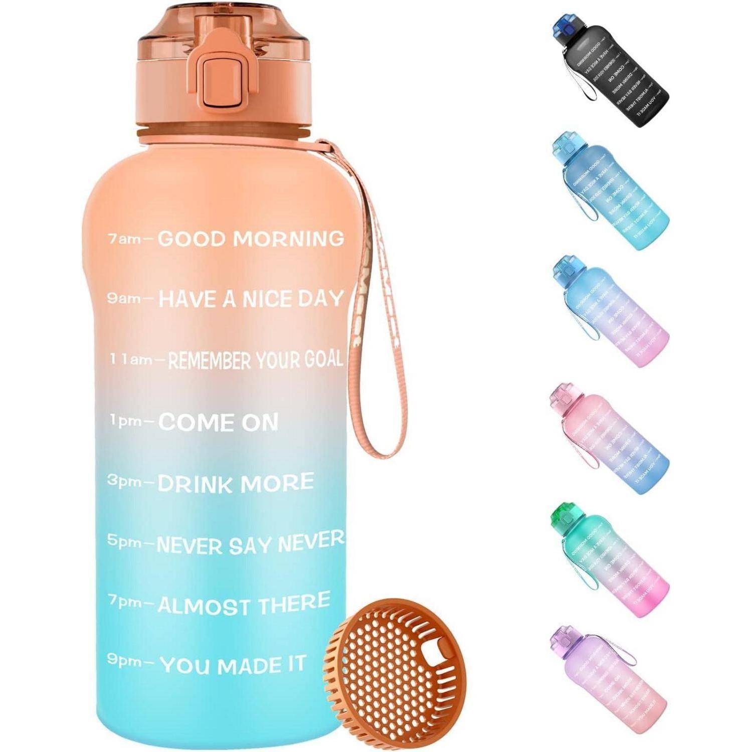 Farbverlauf-Motivationstrinkflasche mit Flip-Verschluss und Trageband, bedruckt mit stündlichen Erinnerungen wie „GUTEN MORGEN