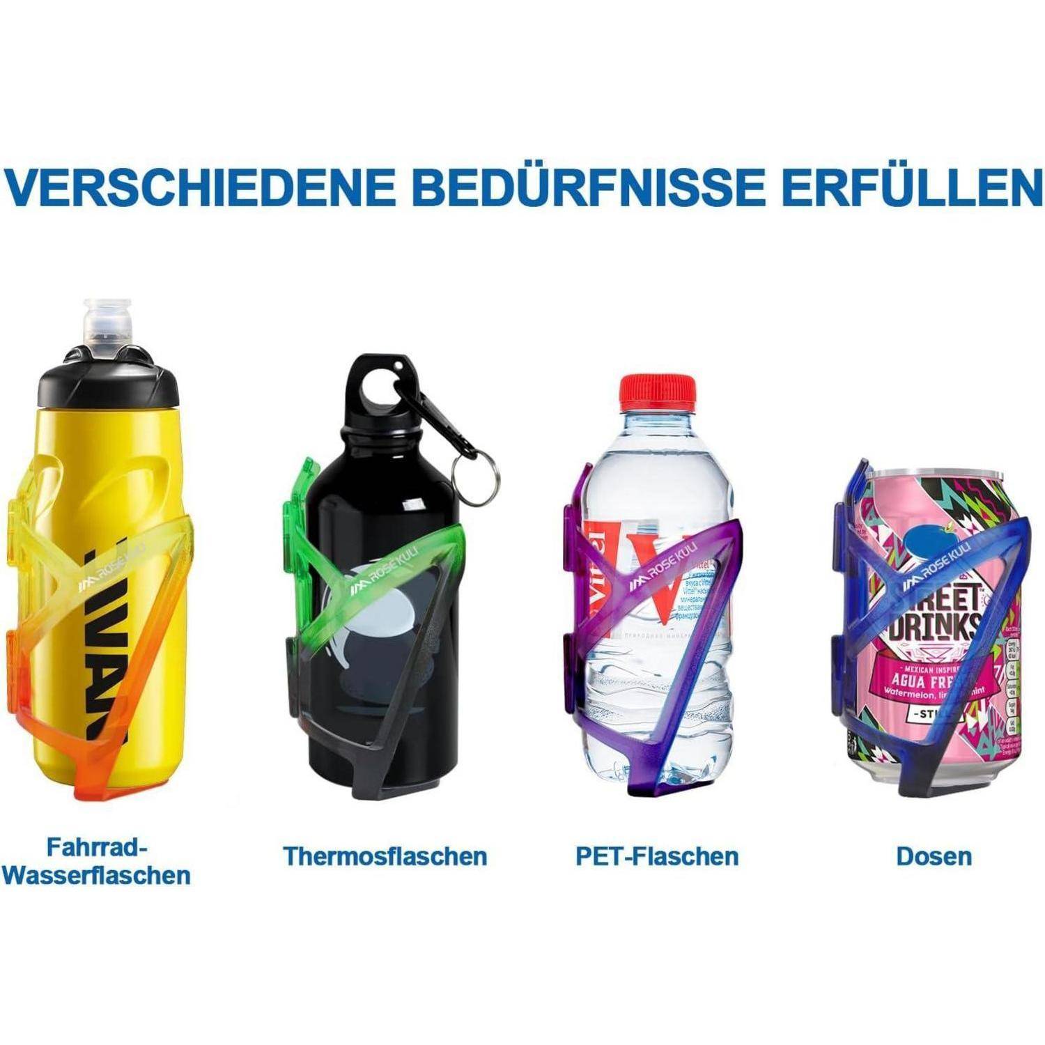 Infografik mit vier Flaschenhaltern für unterschiedliche Anforderungen: Fahrrad-Wasserflaschen, Thermosflaschen, PET-Flaschen und Dosen, unter dem Titel „VERSCHIEDENE BEDÜRFNISSE ERFÜLLEN