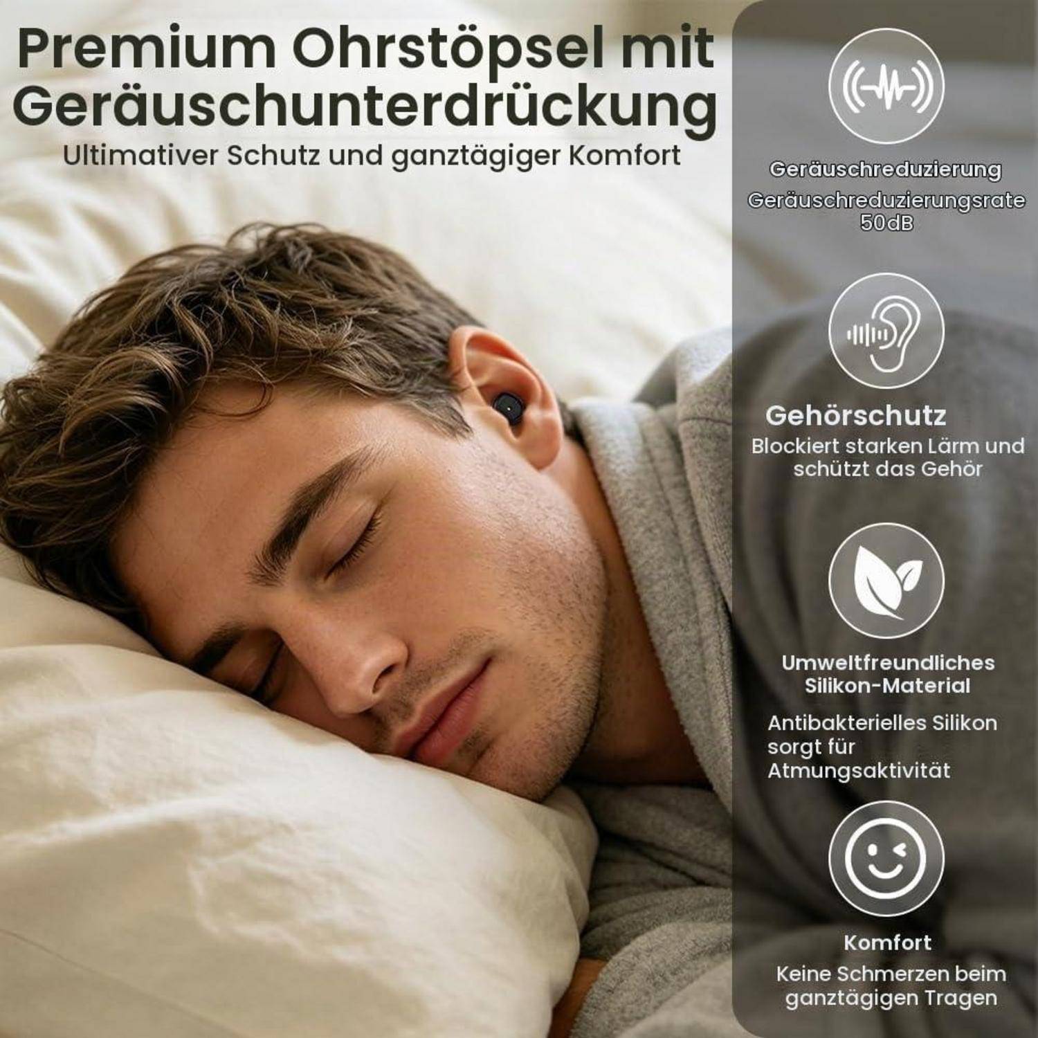 Werbebild eines schlafenden Mannes, der hochwertige Noise-Canceling-Ohrstöpsel trägt, mit deutschem Text, der 50-dB-Lärmreduktion, Gehörschutz, umweltfreundliches Silikon und Ganztag-Komfort hervorhebt.