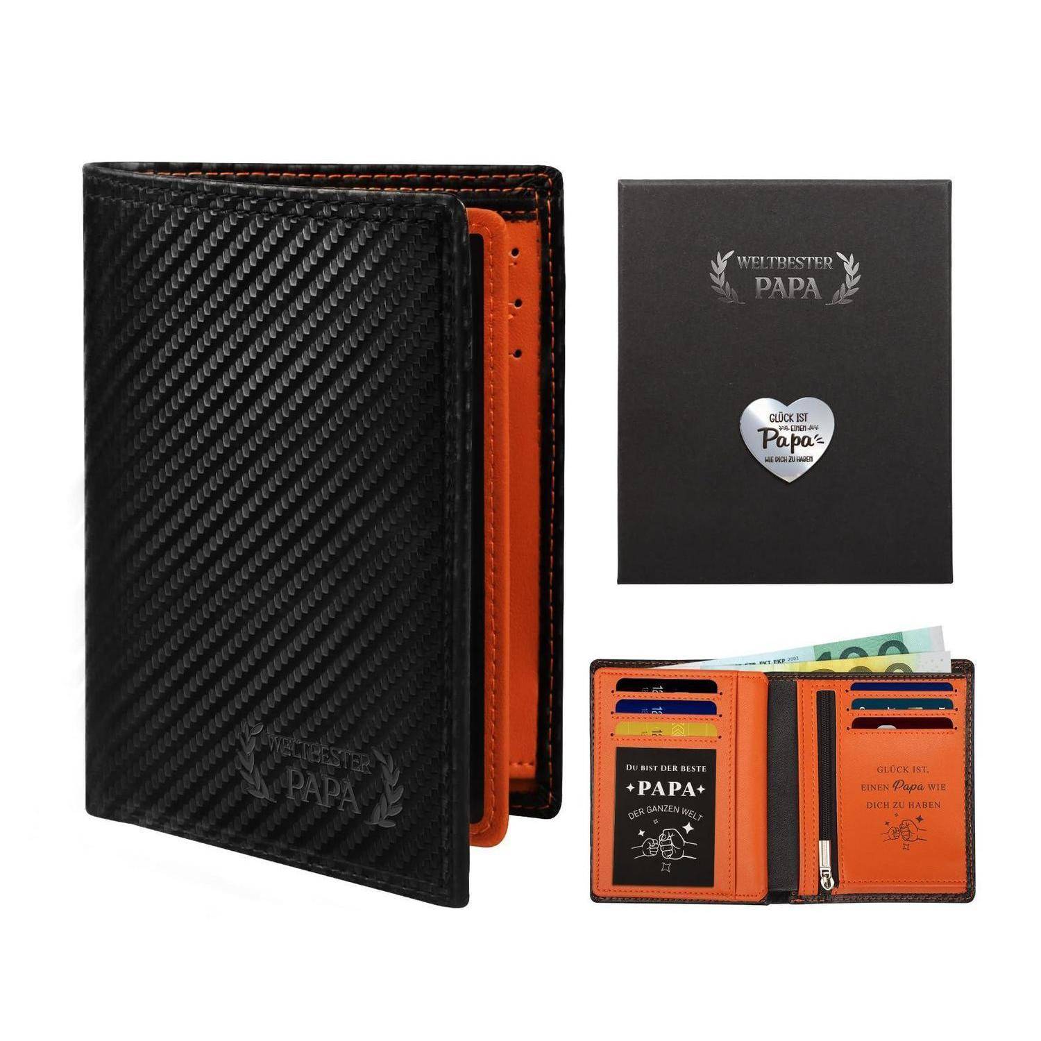 Schwarzes Herren-Geldbörse aus Kohlefaser mit orangefarbenem Inneren, geschlossen gezeigt, in Geschenkbox, und offen mit Kartenfächern, Geldscheinfach und Münztasche.