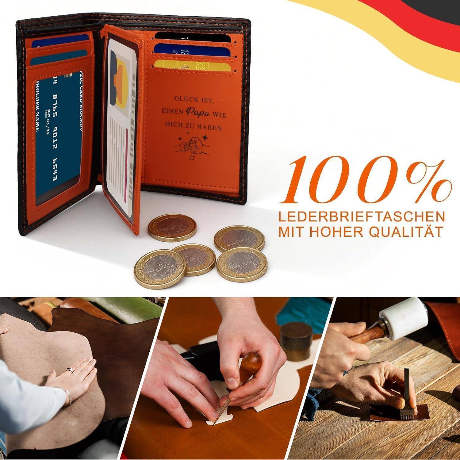 Offene Lederbrieftasche mit Karten und Münzen, beschriftet mit „100% Lederbrieftaschen mit hoher Qualität", plus drei Nahaufnahmen von Händen, die Lederwaren handwerklich herstellen.