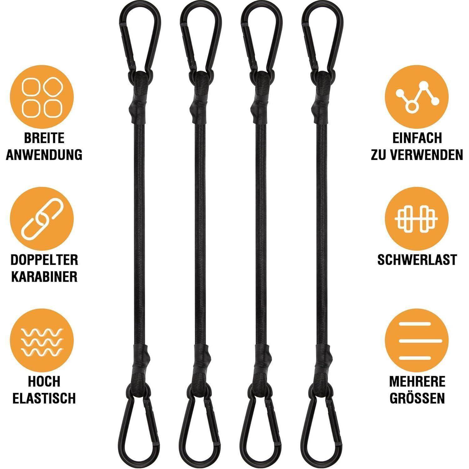 Vier schwarze elastische Gurte mit Doppelkarabinern, dargestellt als Produktgrafik mit deutschen Beschriftungen und Funktionen: vielfältige Verwendung, einfache Handhabung, strapazierfähig, hochelastisch, mehrere Größen.