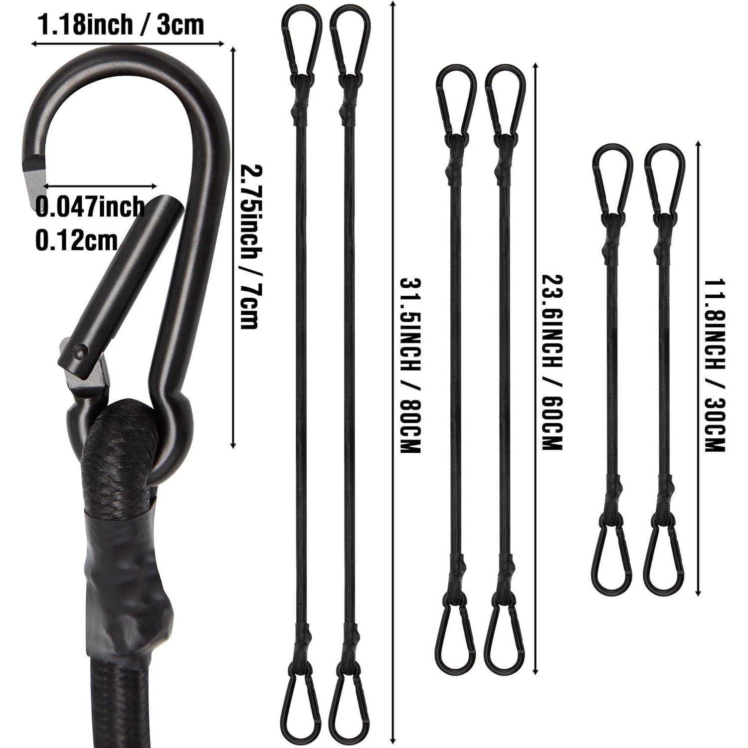 Diagramm von schwarzen Seilschlüsselbändern mit Clips, die vier Größen zeigen: 31,5, 23,6, 11,8 und 2,75 Zoll sowie Clip-Abmessungen von 1,18 Zoll.