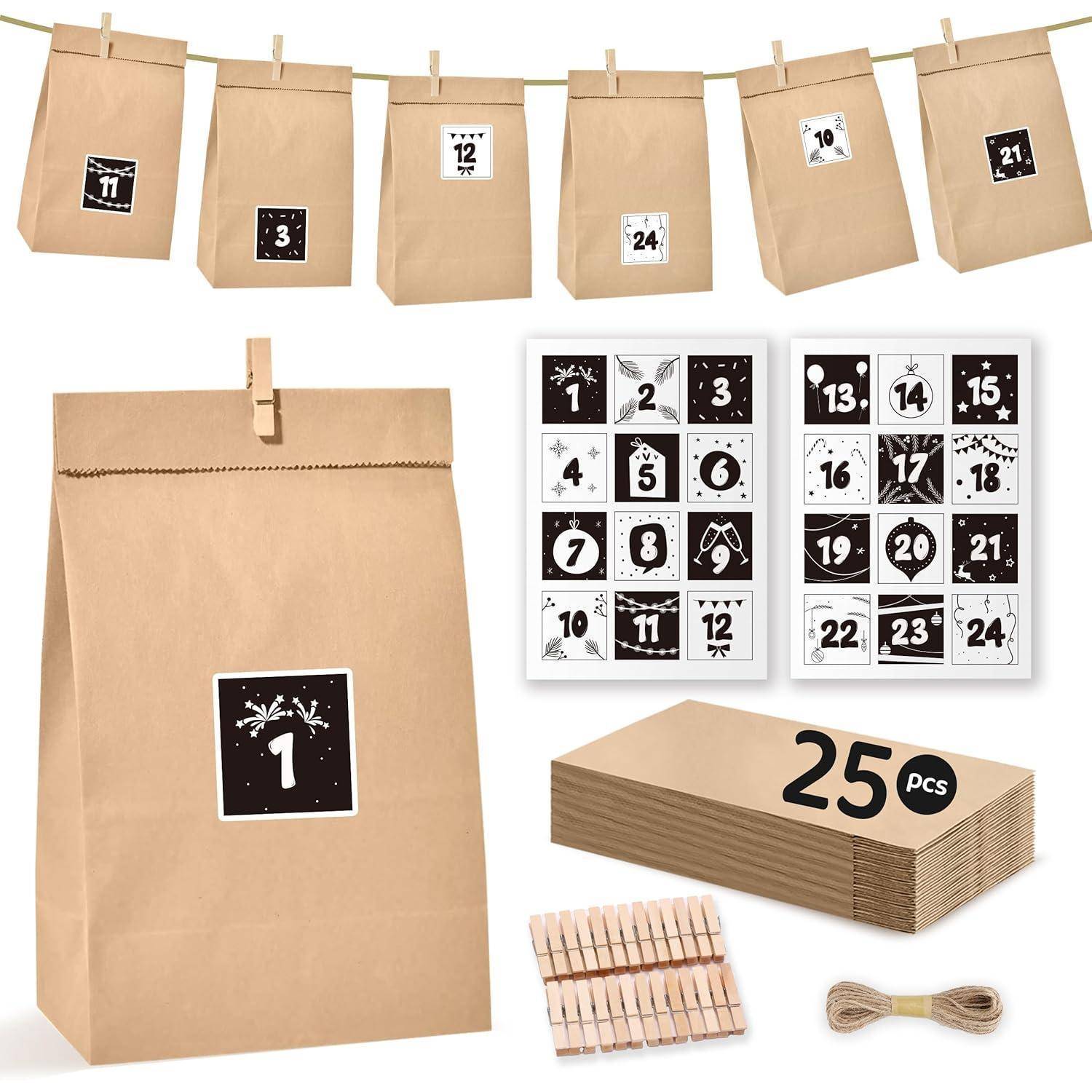 Satz von 25 nummerierten Kraftpapier-Adventskalender-Tüten mit Clips, 1–25 Etiketten, Aufkleberbogen, extra Wäscheklammern und Schnur zum Aufhängen.