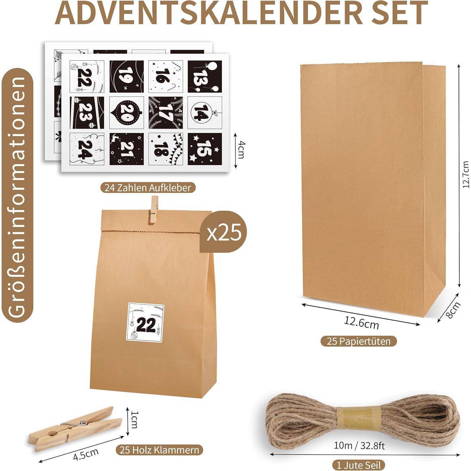 Adventskalender-Set mit 25 Papiertüten, 24 Nummernaufklebern, 25 Holzklammern und 10 m Juteschnur; Paketgröße angegeben als 12,6 x 8 x 12,7 cm.