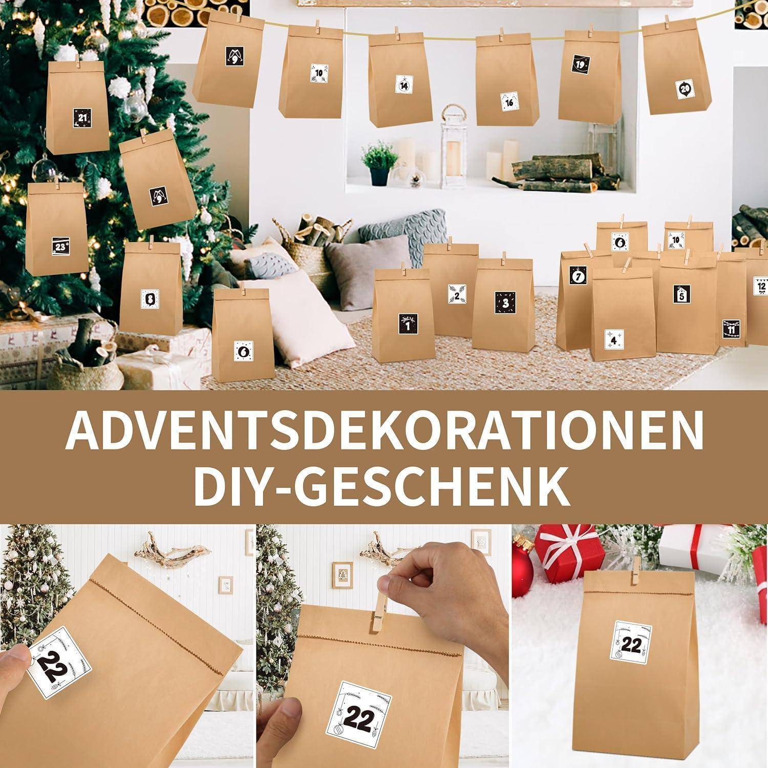 Adventskalender DIY-Geschenkdisplay mit braunen Papiertüten nummeriert für jeden Tag, festliche Raumszene und drei Nahaufnahmen zeigen Schritte zum Falten und Beschriften einer Tüte.