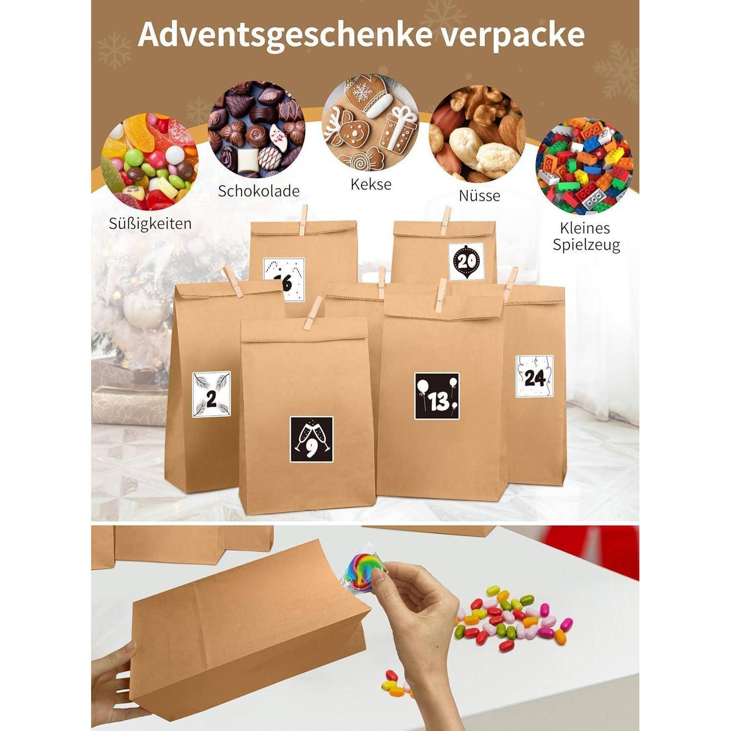 Adventsgeschenktüten mit nummerierten Etiketten, dargestellt als Basteltüten zum Befüllen mit Süßigkeiten, Schokolade, Keksen, Nüssen oder kleinen Spielzeugen.