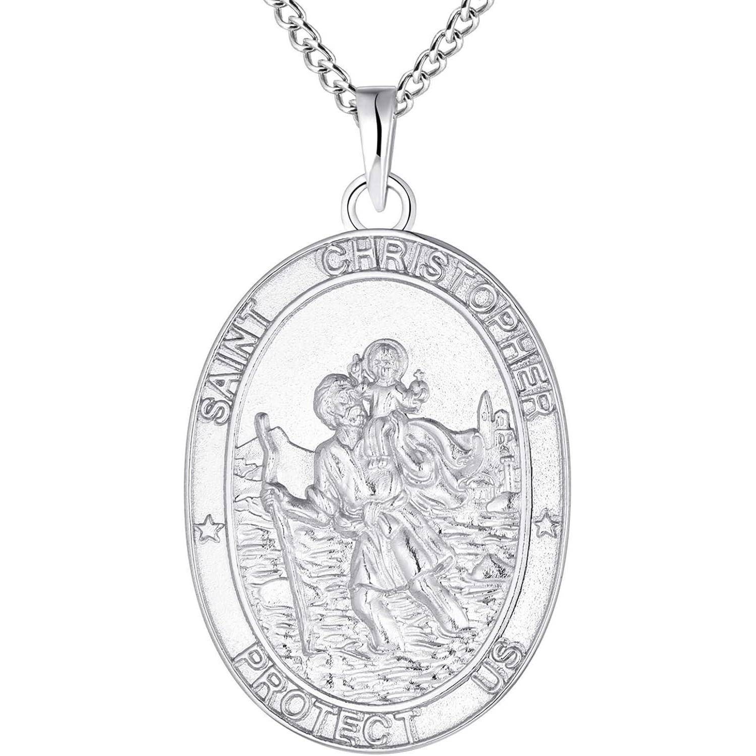 Silberne Heiligenkristophorus-Anhängerkette mit ovalem Medaillon, graviert mit 