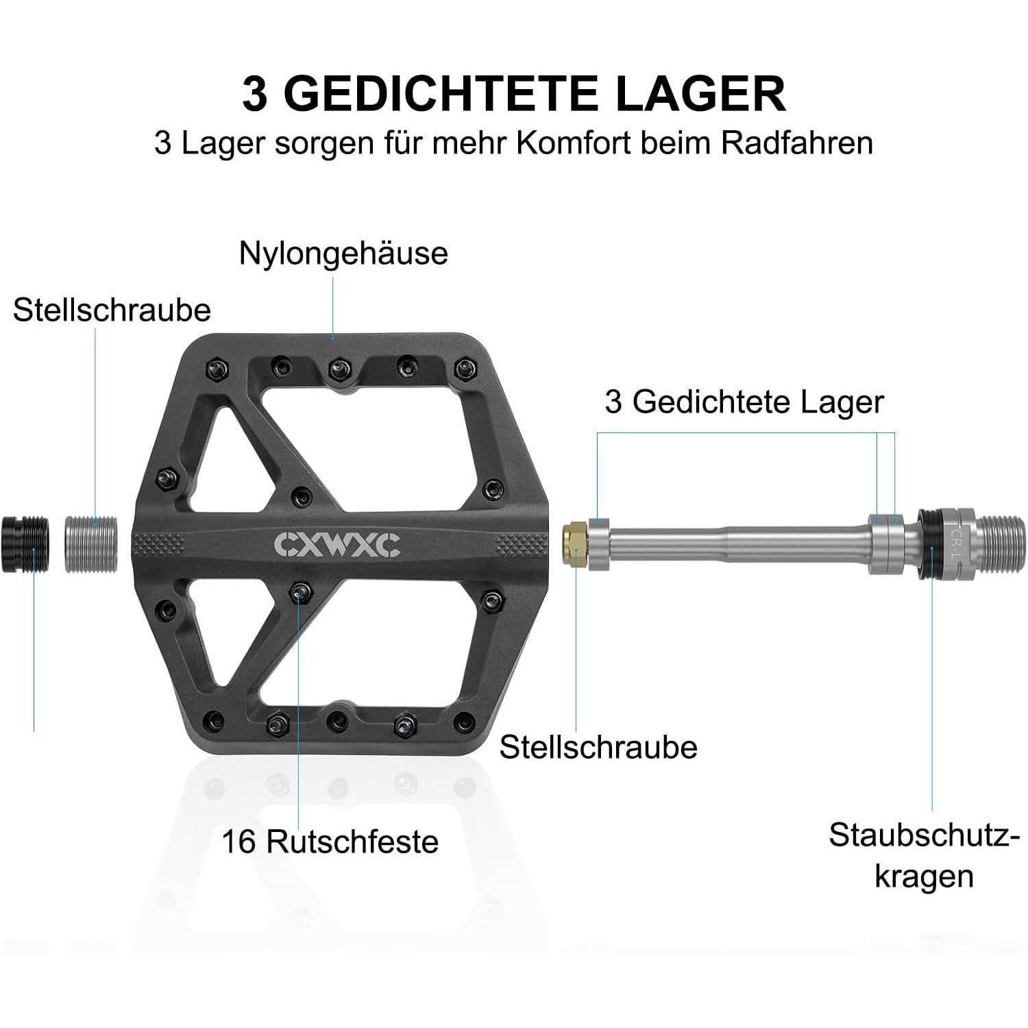 Diagramm eines Fahrradpedals mit Hervorhebung von „3 versiegelten Lagern" für Komfort, mit gekennzeichneten Teilen: Nylonkörper, verstellbare Schraube, 16 rutschfeste Stifte und Staubschutzring.