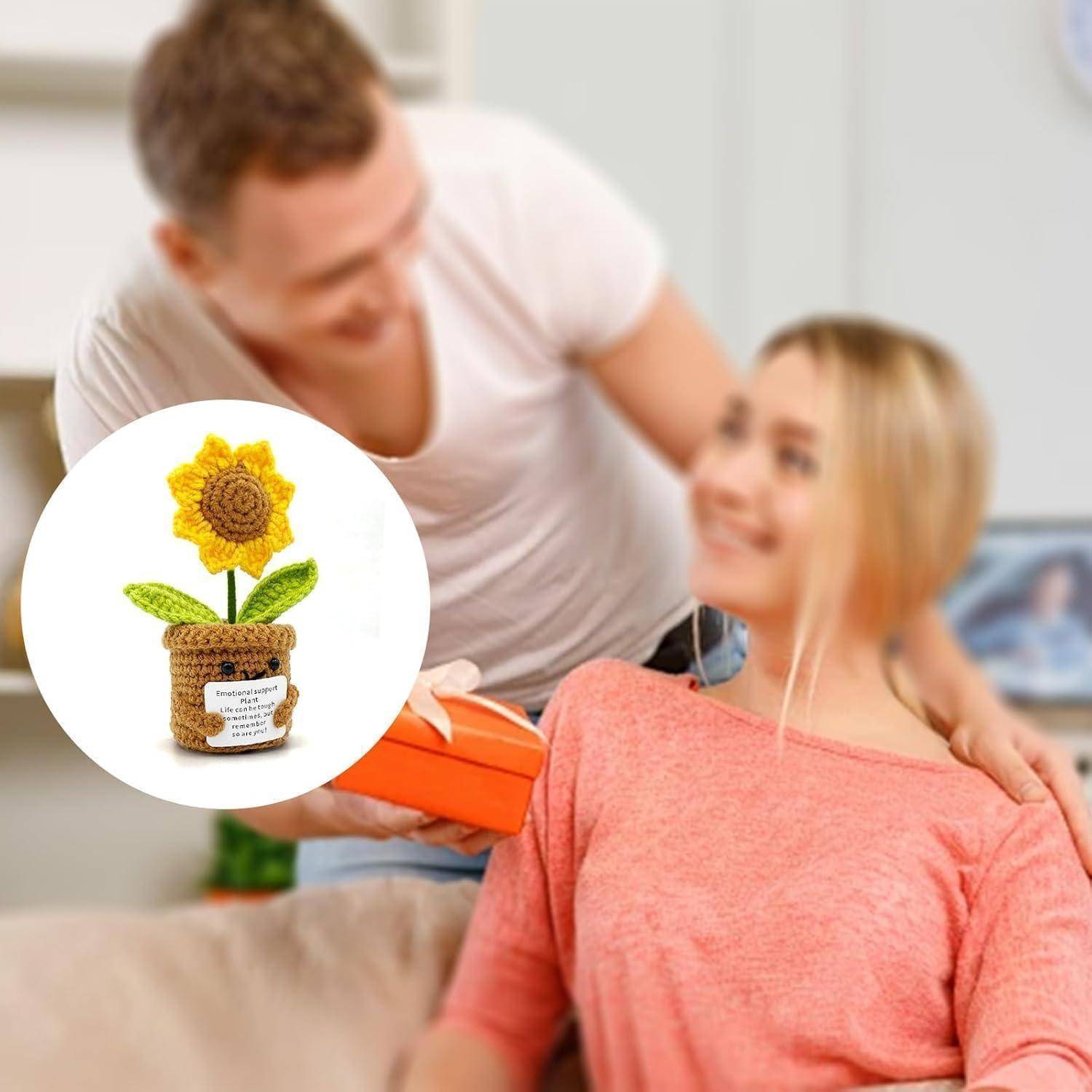 Ein lächelnder Mann überreicht einer sitzenden Frau eine Geschenkschachtel, während eine kreisförmige Vergrößerung eine gehäkelte Sonnenblume in einem Topf zeigt.