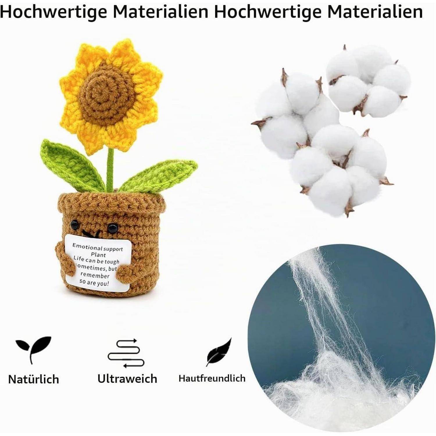 Gehäkelte Sonnenblume in einem lächelnden Topf aus Baumwollfasern mit den Aufklebern „Natürlich
