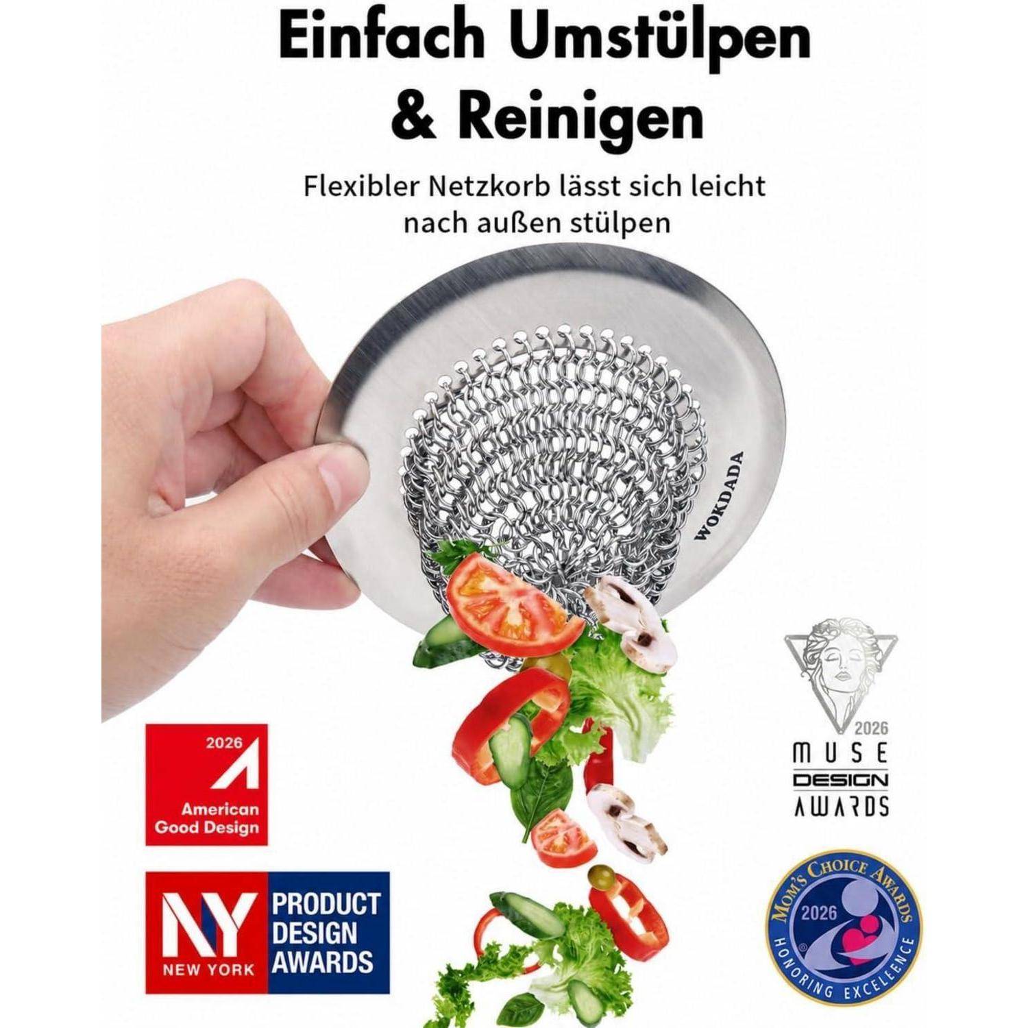 WOKDADA Umkehrbares Abflusssieb & Silikon-Abflussstopfen aus Edelstahl 304 | Patentiertes flexibles Netz, Schneller Wasserablauf, Starker Saugnapf