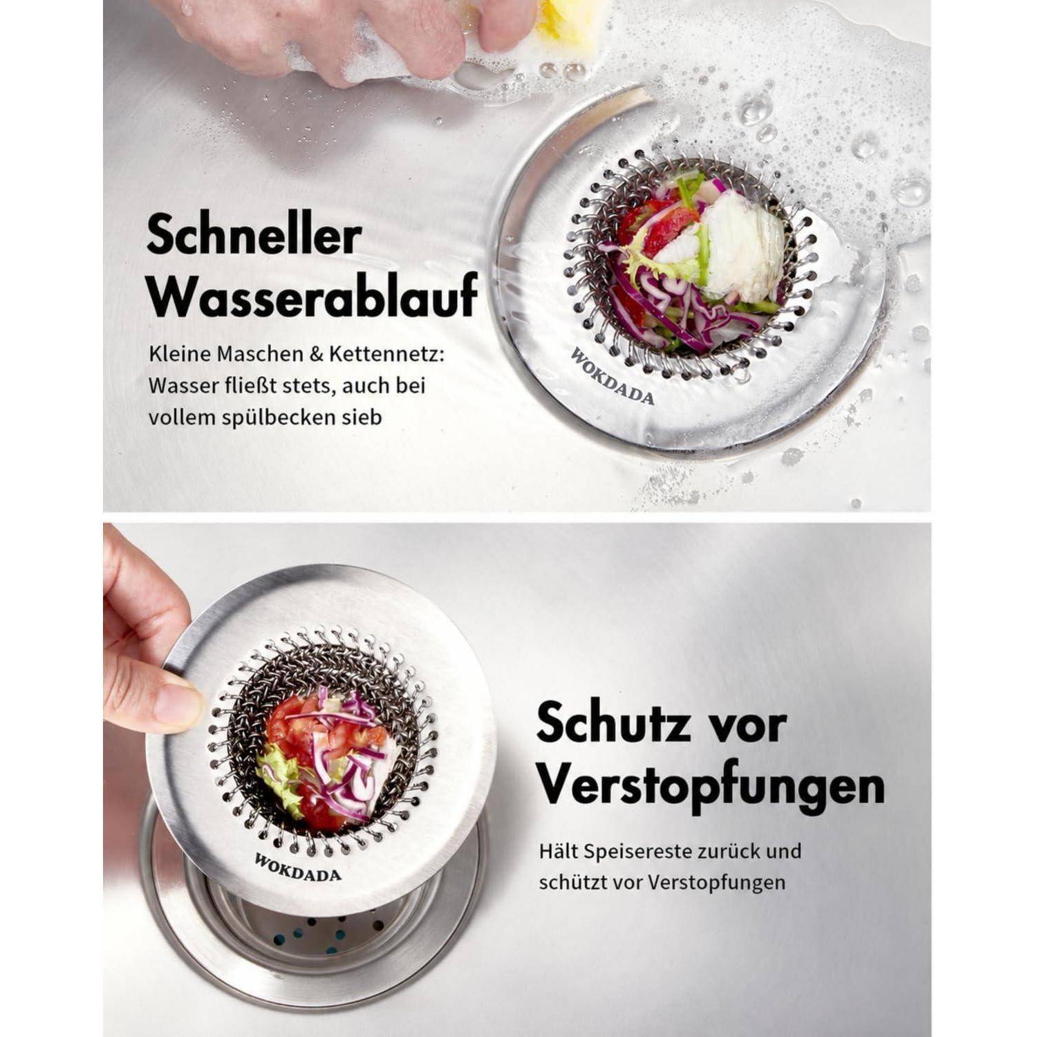 WOKDADA Umkehrbares Abflusssieb & Silikon-Abflussstopfen aus Edelstahl 304 | Patentiertes flexibles Netz, Schneller Wasserablauf, Starker Saugnapf