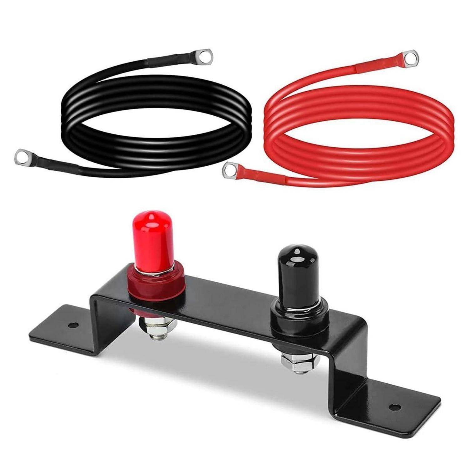Rot-schwarzes Batteriekabelset mit Ringösen und einem Dual-Post-Anschlussblock auf weißem Hintergrund.