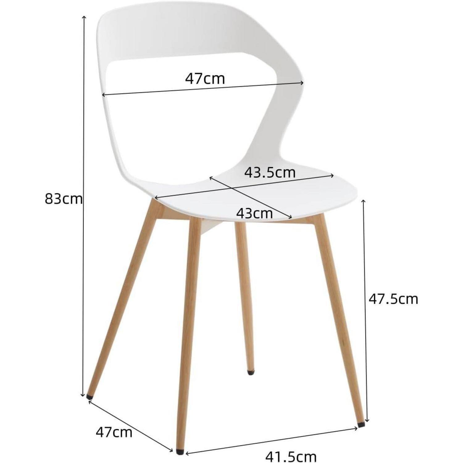 Weißer moderner Stuhl mit Holzbeinen und Maßstabangaben: 83 cm hoch, 47 cm breit, 47,5 cm Sitzhöhe, 43 cm Sitztiefe, 41,5 cm Beinbreite.
