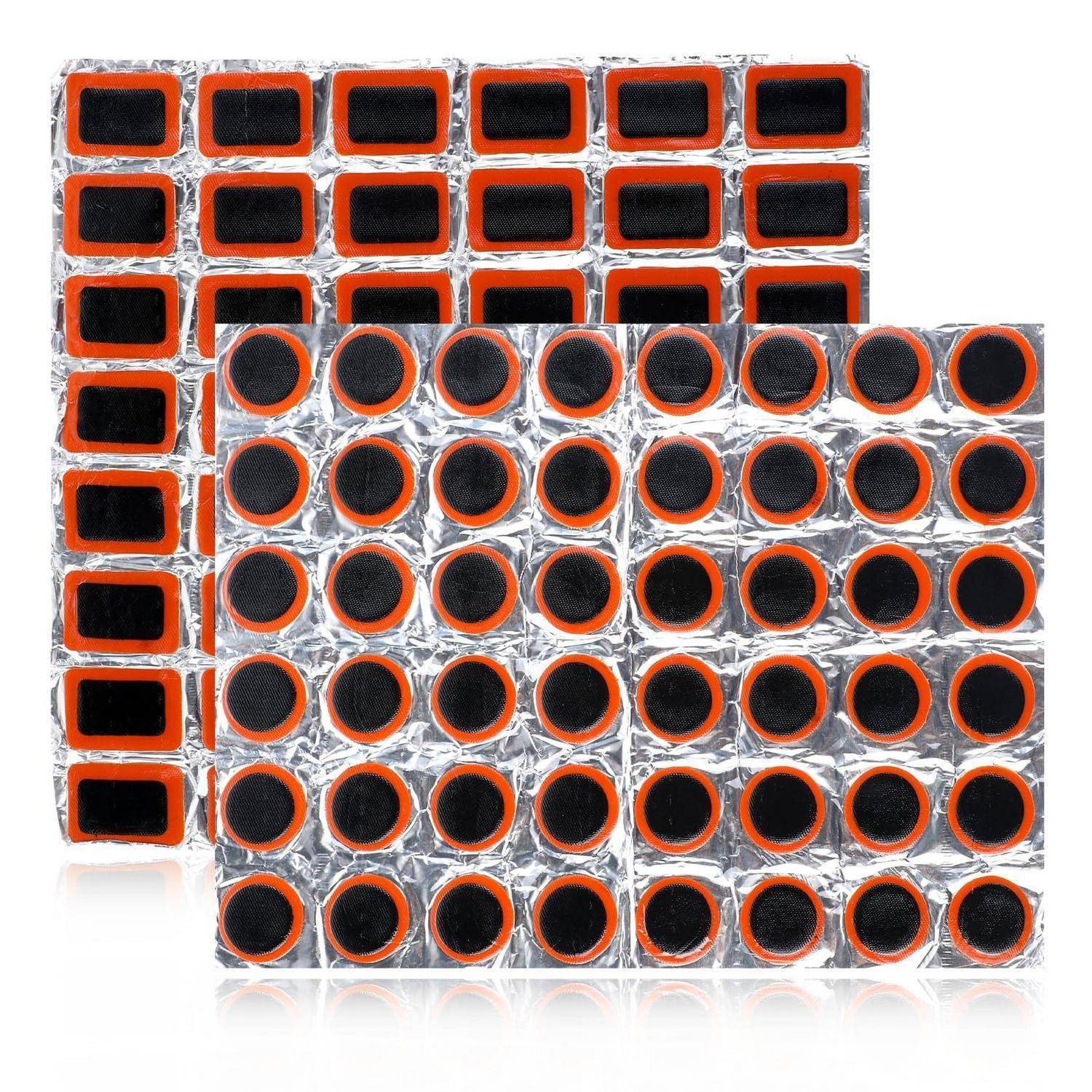 Stapel von schwarzen quadratischen und kreisförmigen Objekten mit orangefarbigen Rändern, die in einem Raster angeordnet sind, wobei die kreisförmige Menge die quadratische Menge auf weißem Hintergrund überlappt.