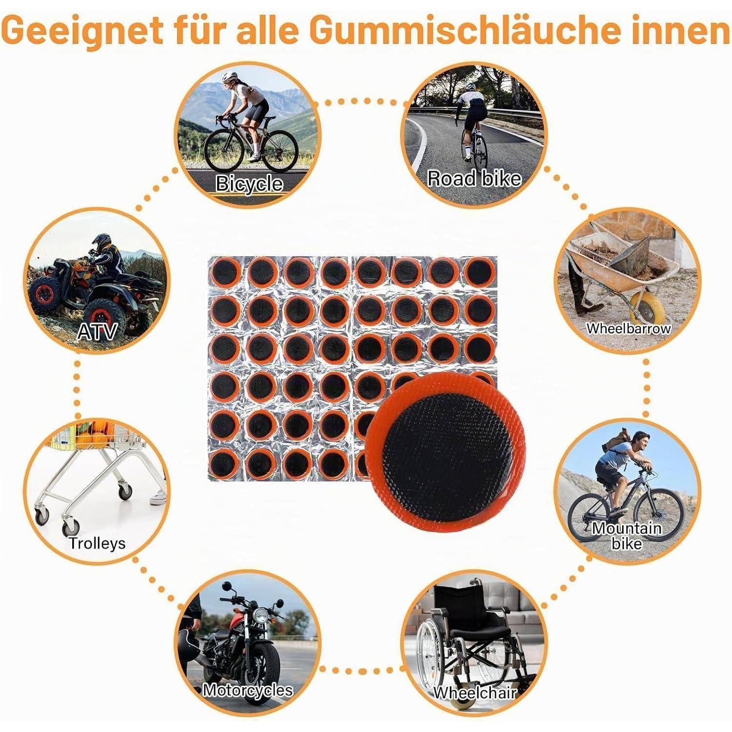 Werbesichtung zeigt ein Gummienschlauch-Ende und Verbindungsring, umgeben von Symbolen, die Kompatibilität mit Fahrrädern, Rennrädern, Quads, Trolleys, Motorrädern, Rollstühlen, Mountainbikes und Schubkarren anzeigen.