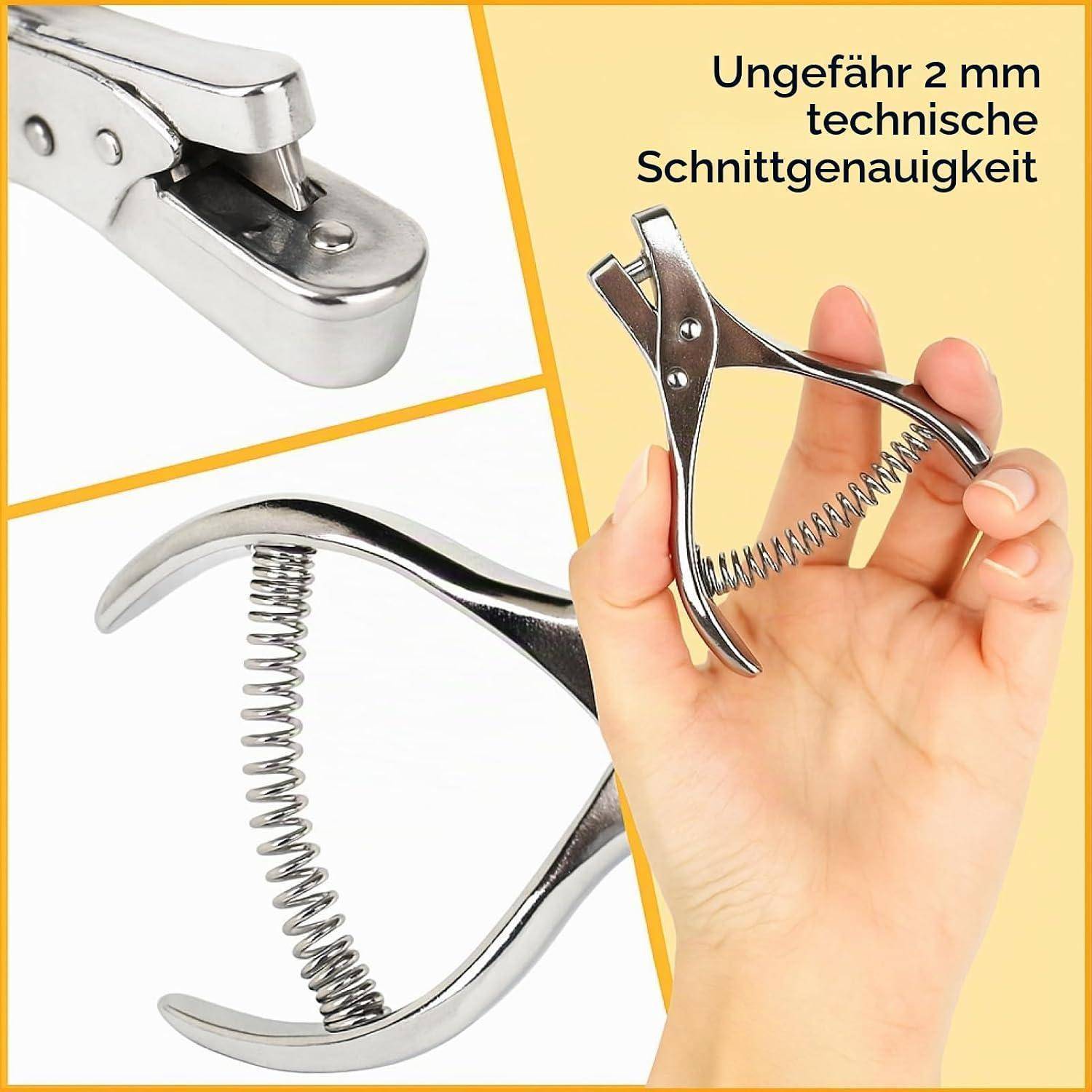 Collage einer in einer Hand gehaltenen Federzug-Nagelschere aus Metall mit deutschem Text „Ungefähr 2 mm technische Schnittgenauigkeit", das eine Schnittgenauigkeit von etwa 2 mm angibt.