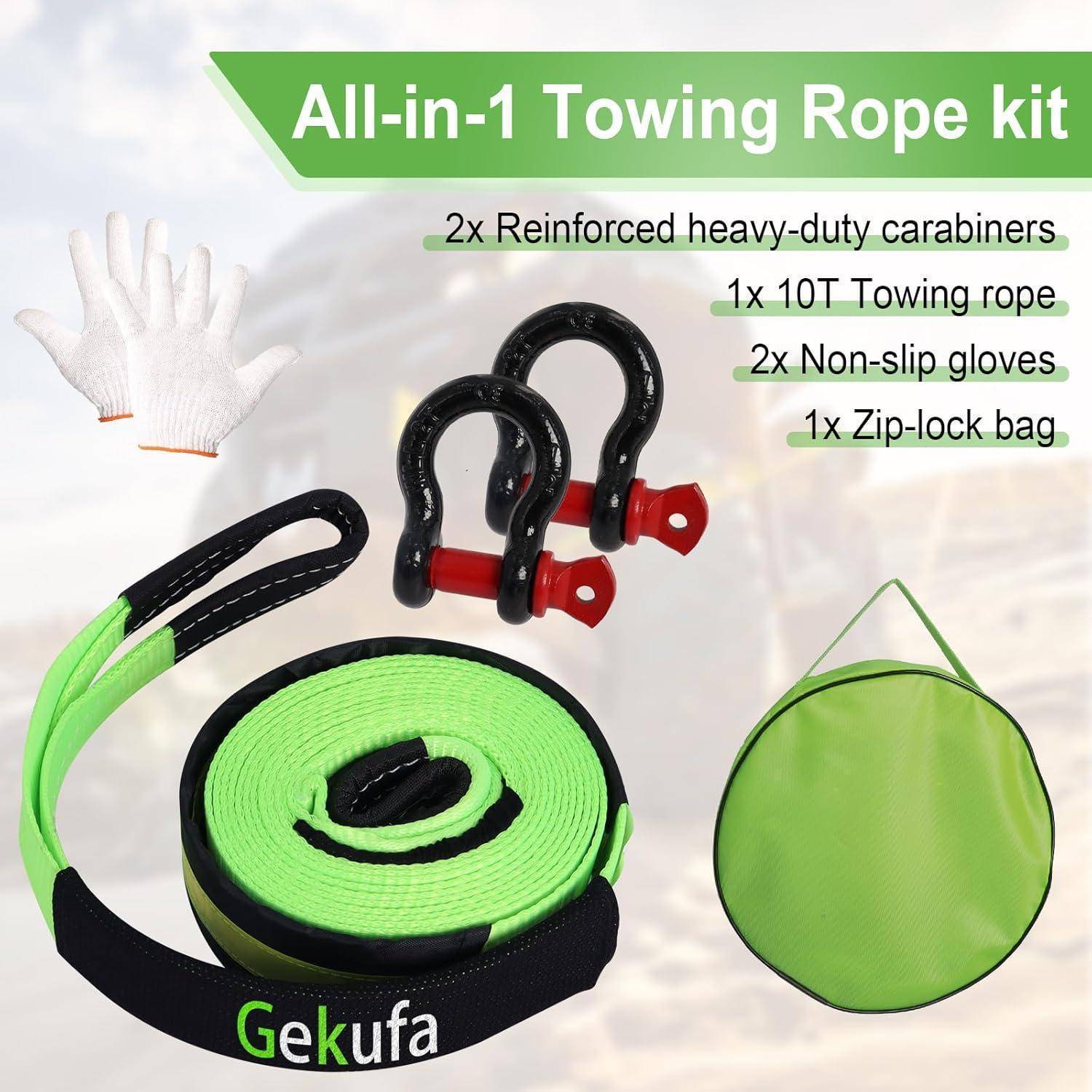 Gekufa Abschleppseil pkw 5M x 5cm, 10 Tonnen (22046 Lbs) Abschleppseil Auto Kit mit 2 Verstärkten Haken und Reflektierenden Streifen, Abschleppseile