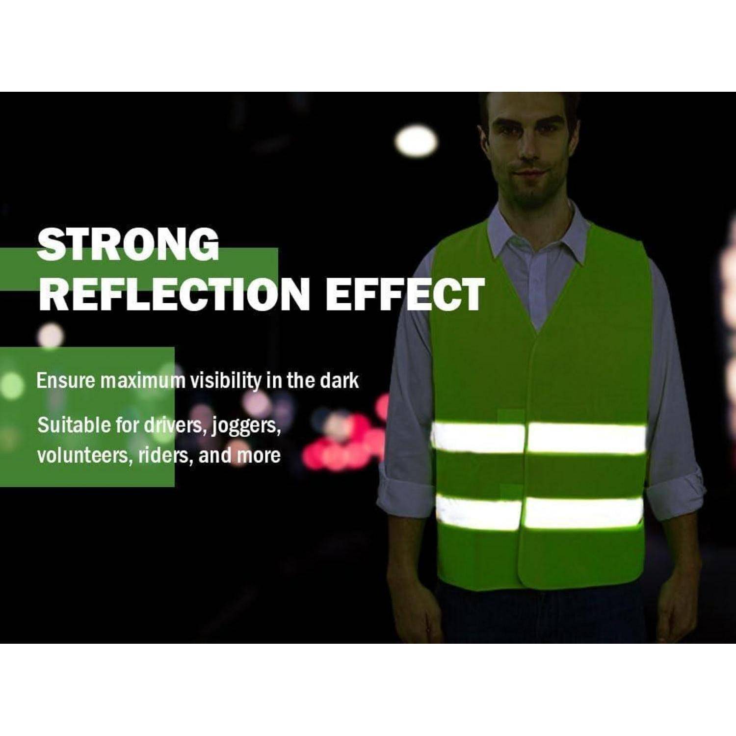 Werbeanzeige für eine reflektierende Sicherheitsweste, die einen Mann zeigt, der nachts eine leuchtend grüne Weste mit reflektierenden Streifen trägt, mit dem Text: „STARKER REFLEXIONSEFFEKT