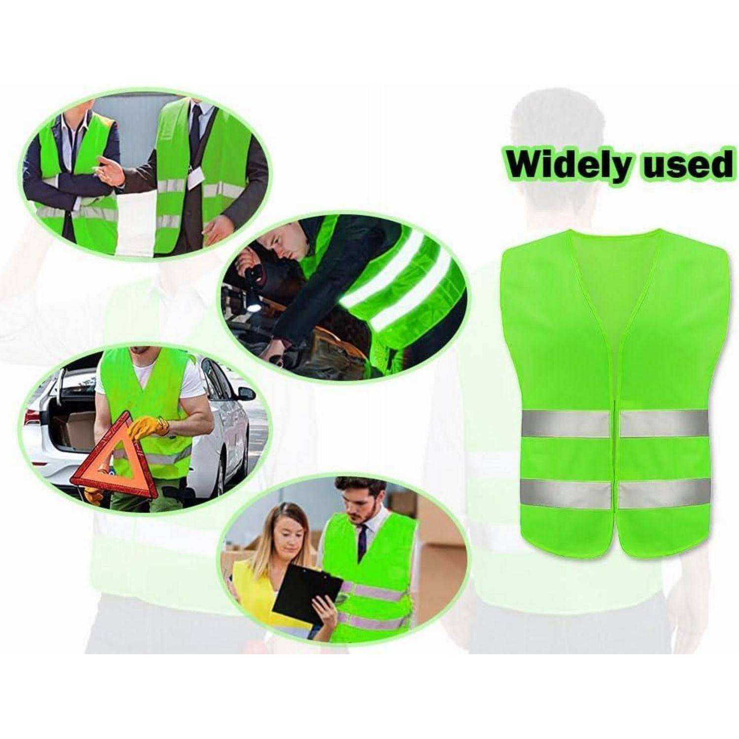 Leuchtend grüne reflektierende Sicherheitsweste, die als weit verbreitet dargestellt wird, mit kleinen Fotos von Personen, die sie bei Straßenarbeiten, Radfahren, Pannenhilfe und in Büroumgebungen tragen.