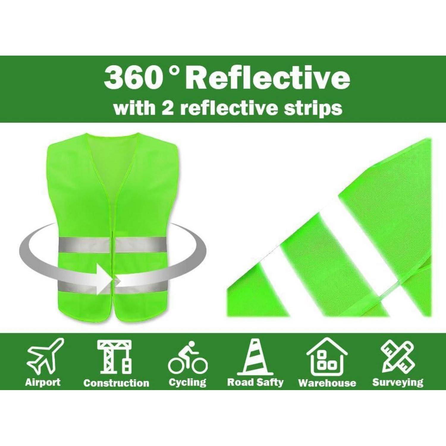 Grüne reflektierende Sicherheitsweste mit der Bezeichnung „360° reflektierend mit 2 reflektierenden Streifen