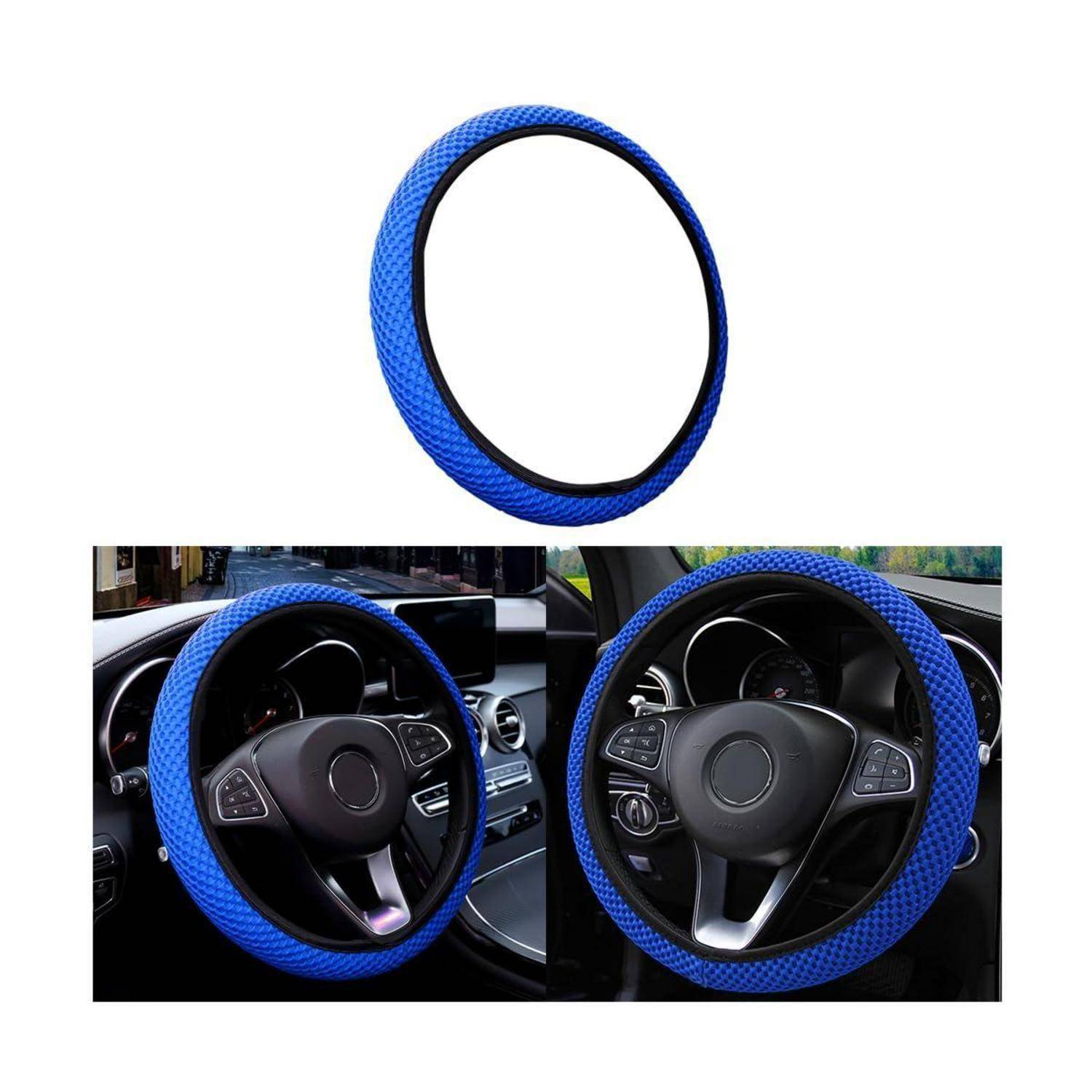 Blauer strukturierter Lenkradschutz, allein gezeigt und auf einem Autolenkrad in zwei Innenraumansichten montiert.