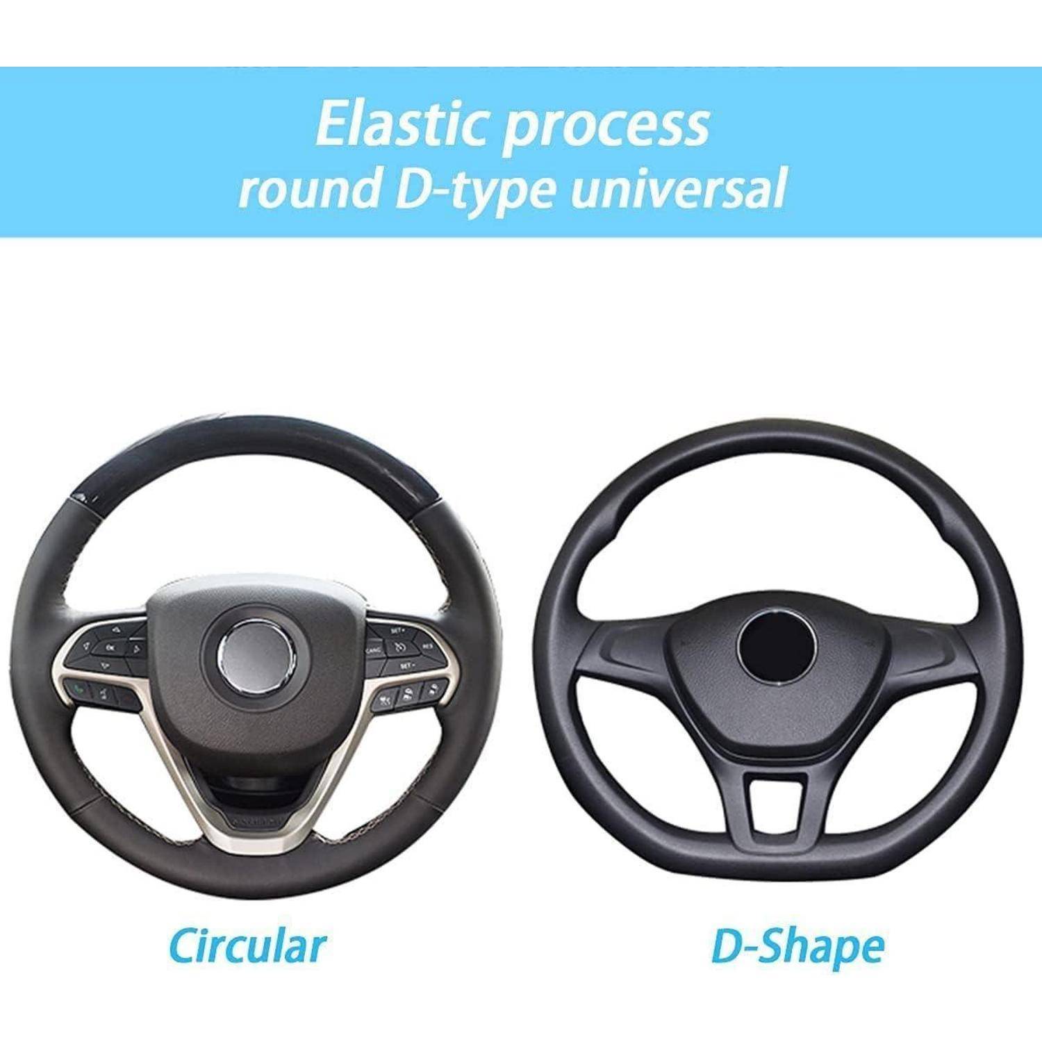 Vergleichsgrafik von zwei Lenkradbezügen mit den Bezeichnungen „Circular" und „D-Shape"" unter „Elastischer Prozess rund D-Typ Universalbezug"".