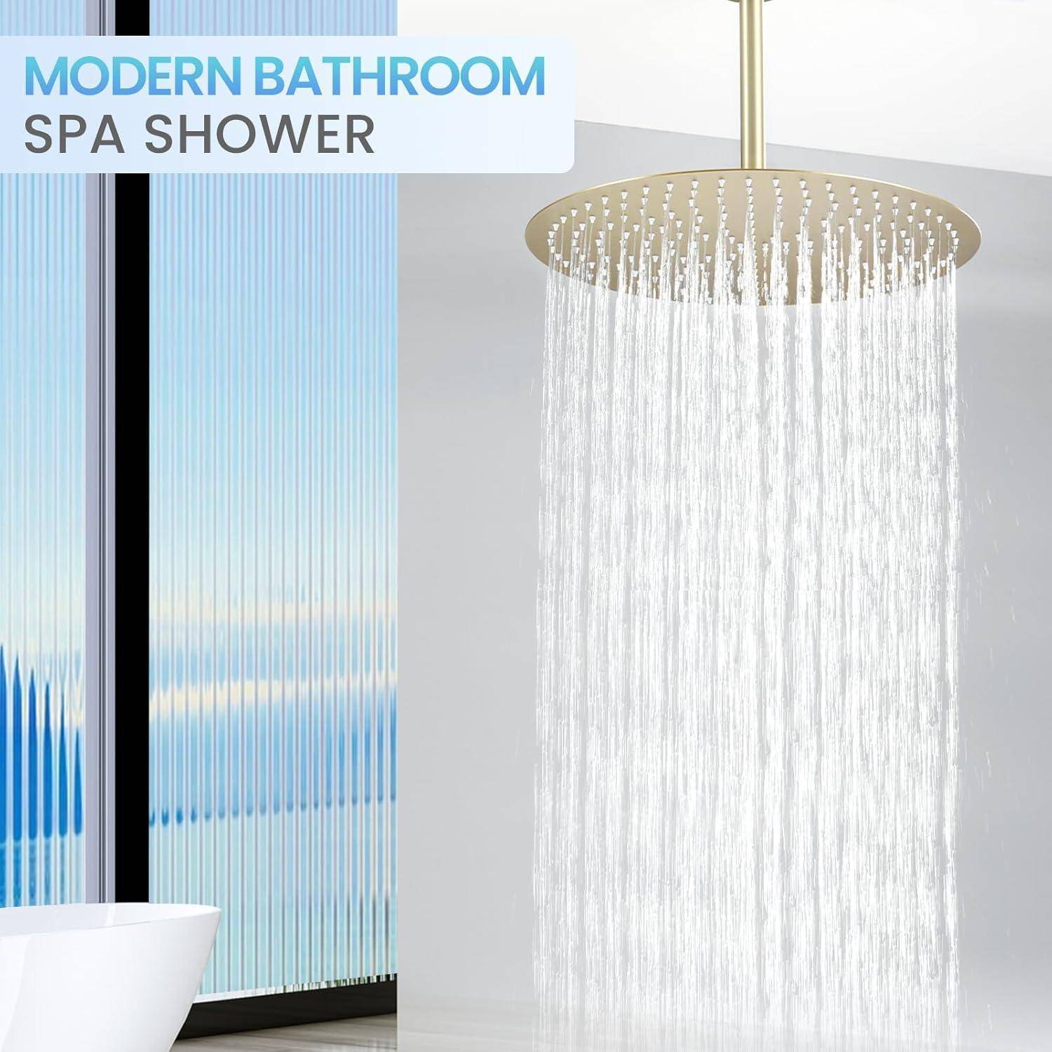 Modernes Badezimmer-Spa mit einer großen runden Regenduschkopf, der Wasser in einem gläsernen Duschbereich versprüht.