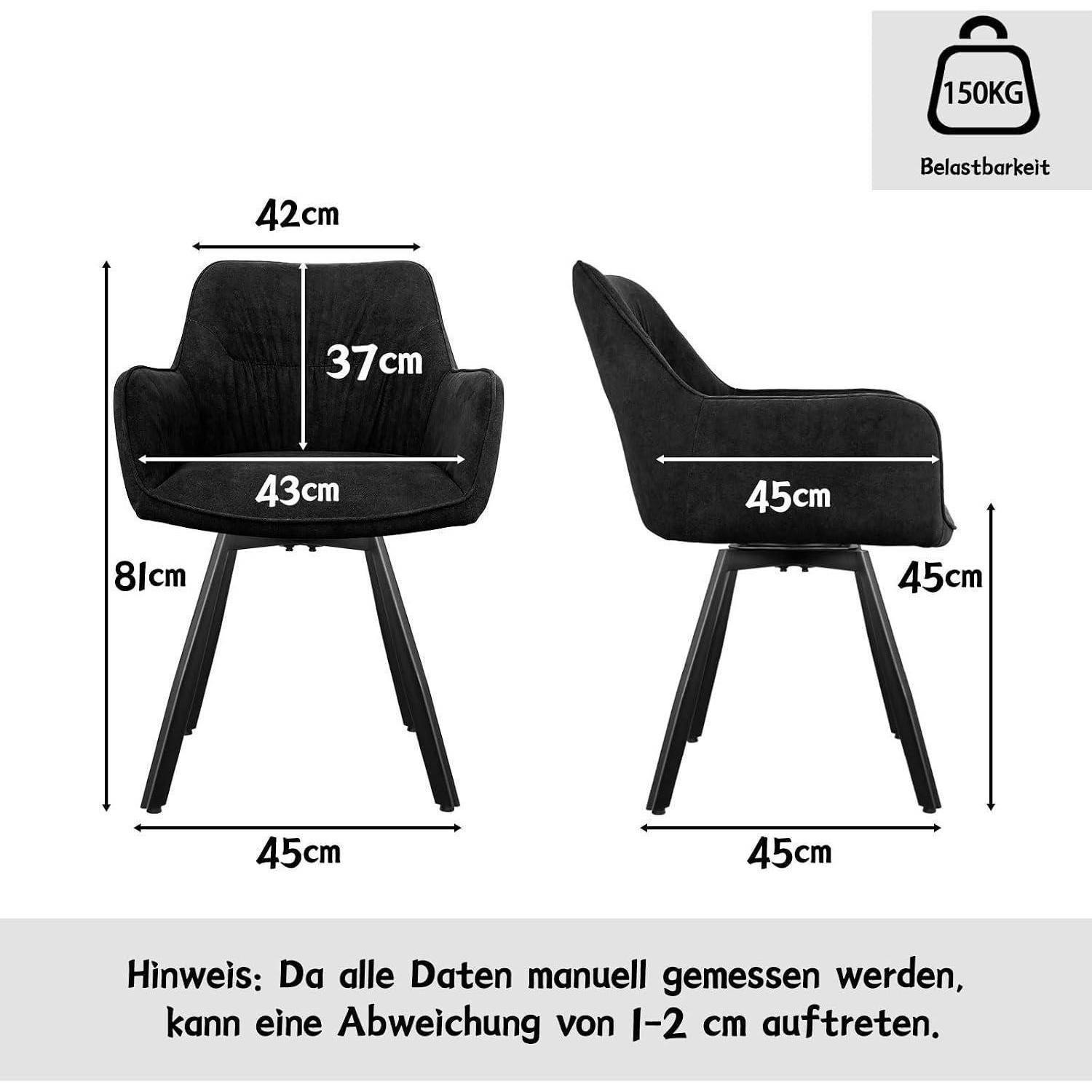 Diagramm zeigt einen schwarzen gepolsterten Stuhl mit Abmessungen: 42 cm breit, 81 cm hoch, 43 cm Sitzbreite, 37 cm Rückenlehne, 45 cm tief, 45 cm Beinbreite und 150 kg Tragfähigkeit.