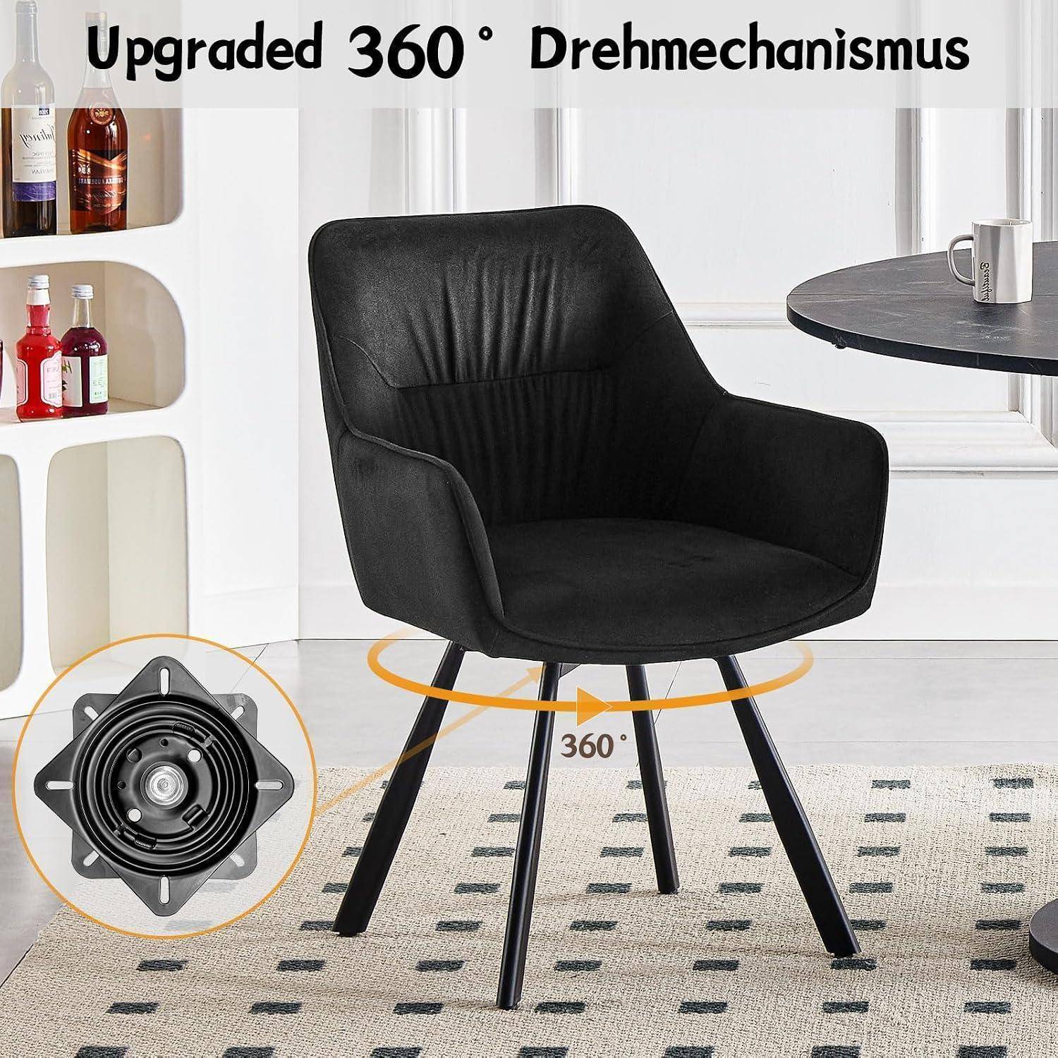 Schwarzer gepolsterter Stuhl mit Text „Upgraded 360° Drehmechanismus
